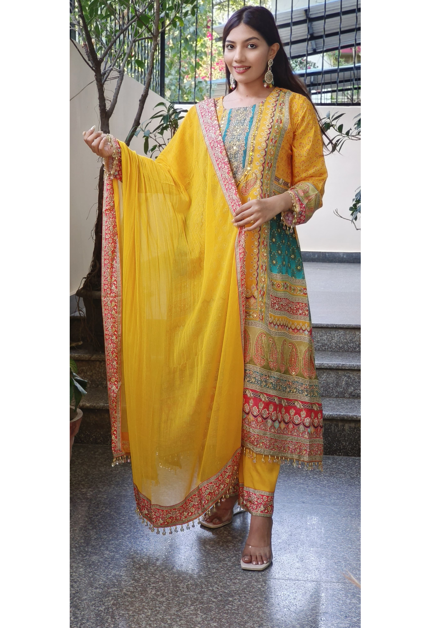 Yellow Crepe A-Line Pakistani Style Digital Print Embroidered Suit with Pants and Dupatta-08937