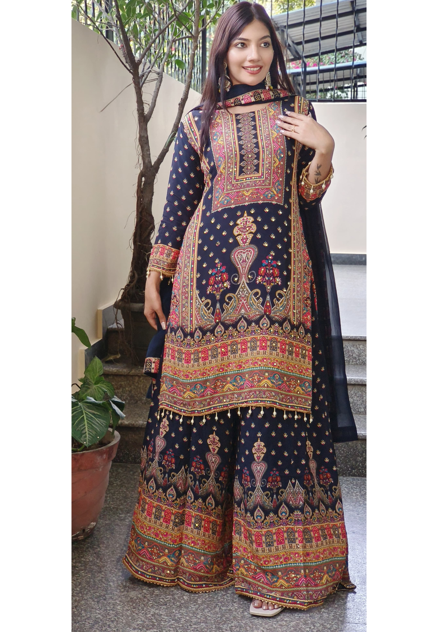 Digital Print Black Crepe Palazzo Set with Kurta and Real Mirror Work Dupatta