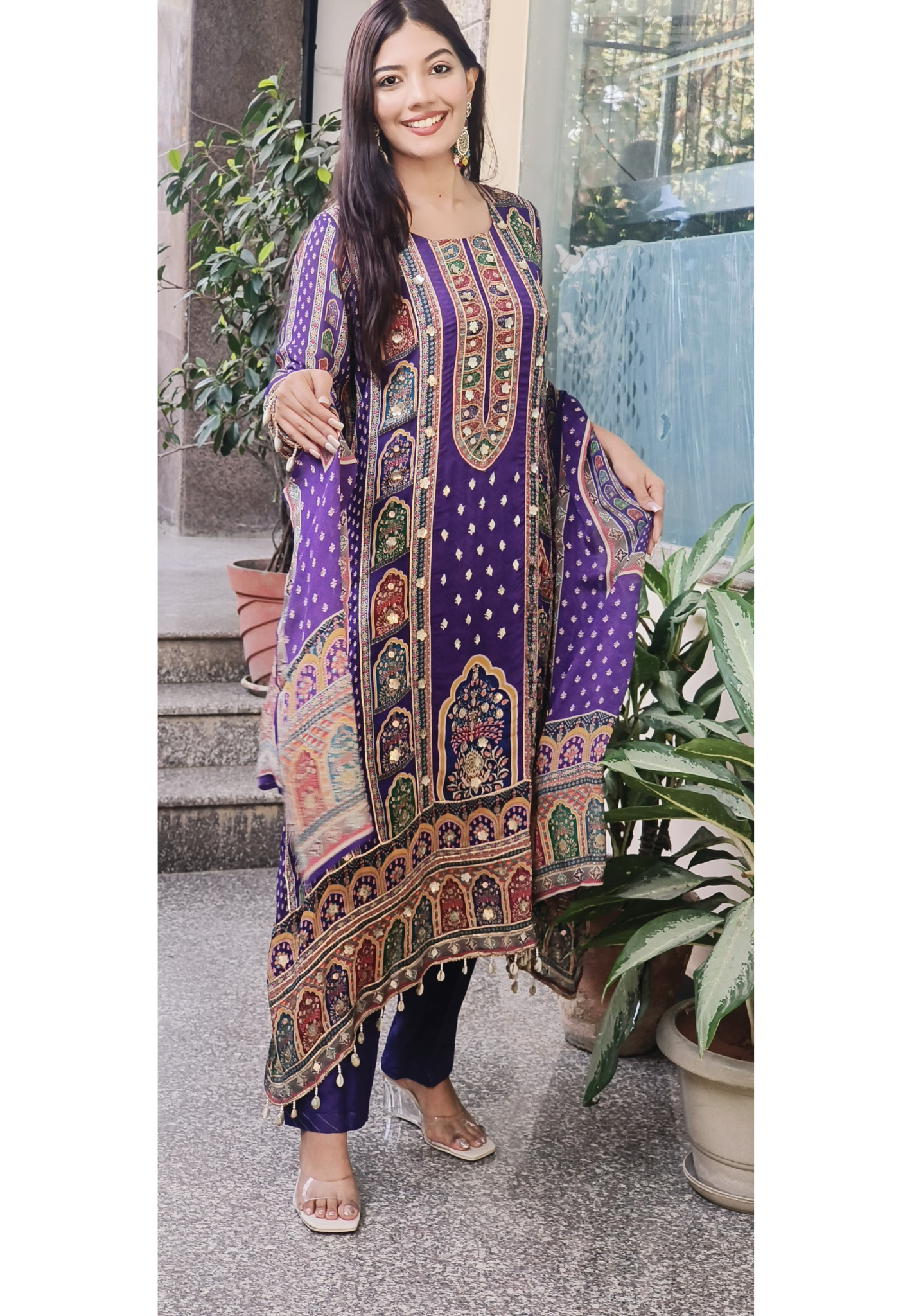 Graceful Purple High-Low Pure Chinon Pakistani Suit with Intricate Kodi & Gota Work