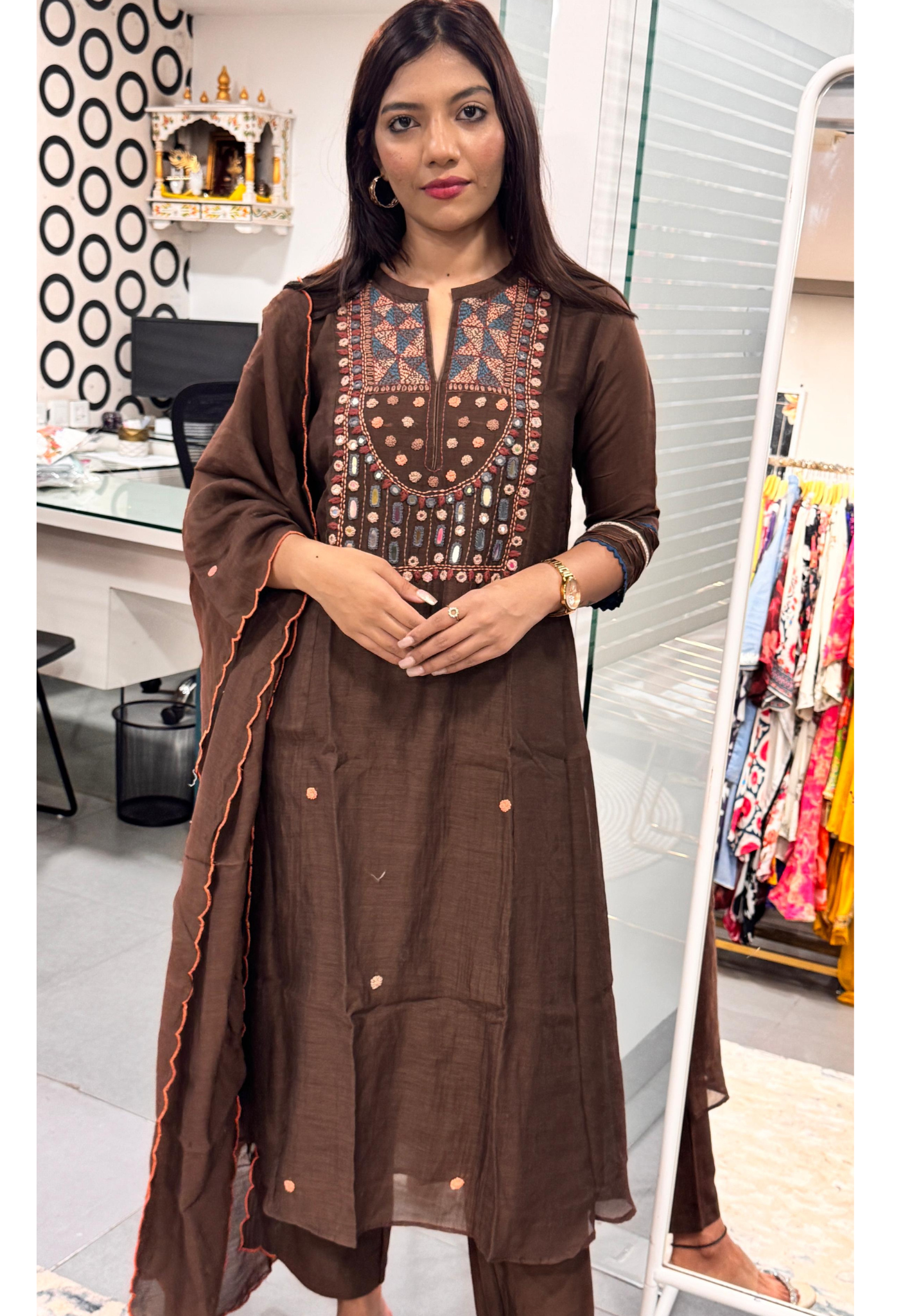 Elegant Chocolate Brown Pure Mul Chanderi Mirror Embroidered Suit Set-09042