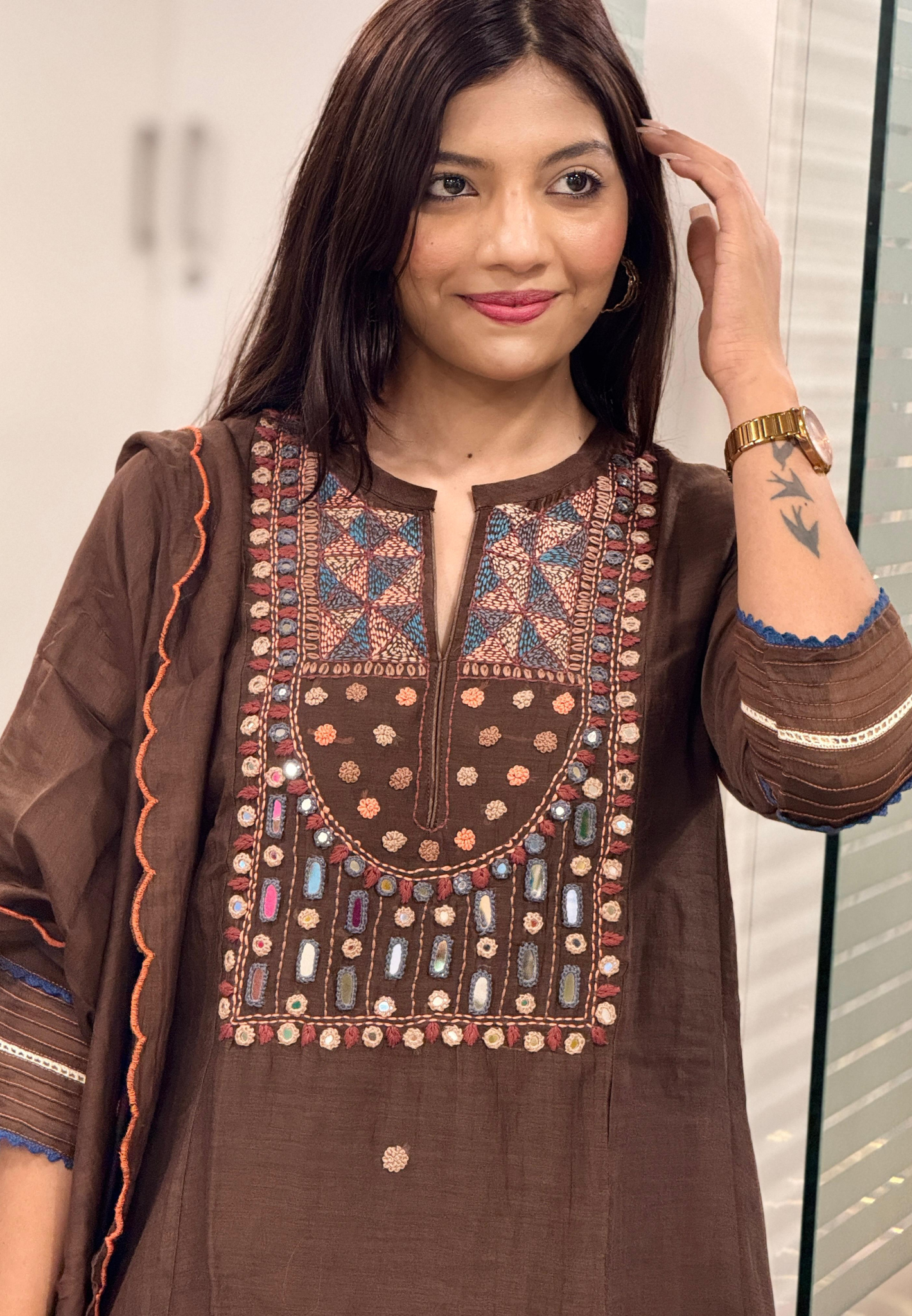Elegant Chocolate Brown Pure Mul Chanderi Mirror Embroidered Suit Set-09042