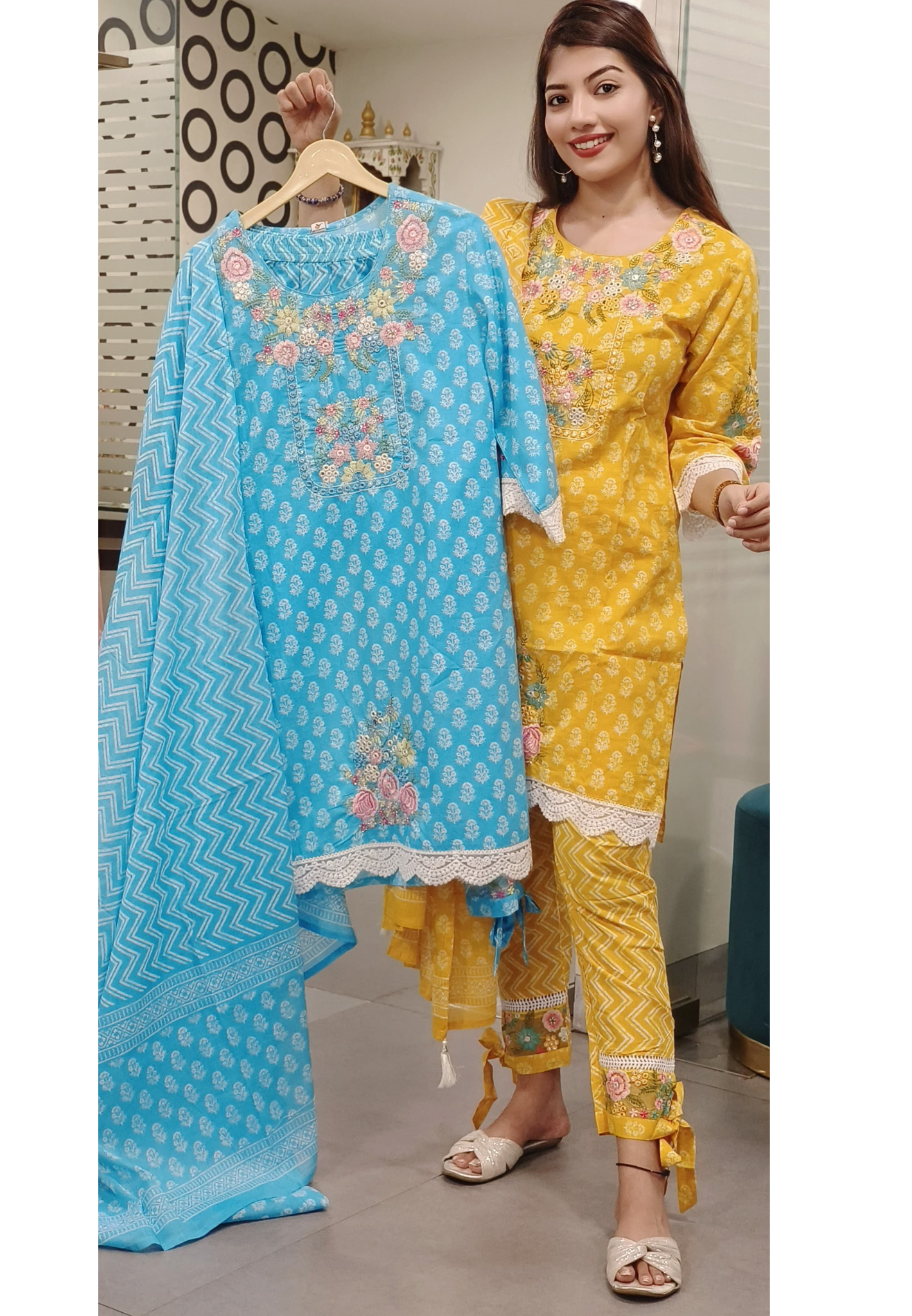 Elegant Cotton Embroidered Suit with Lace & Knot-Style Pants-09176,09177