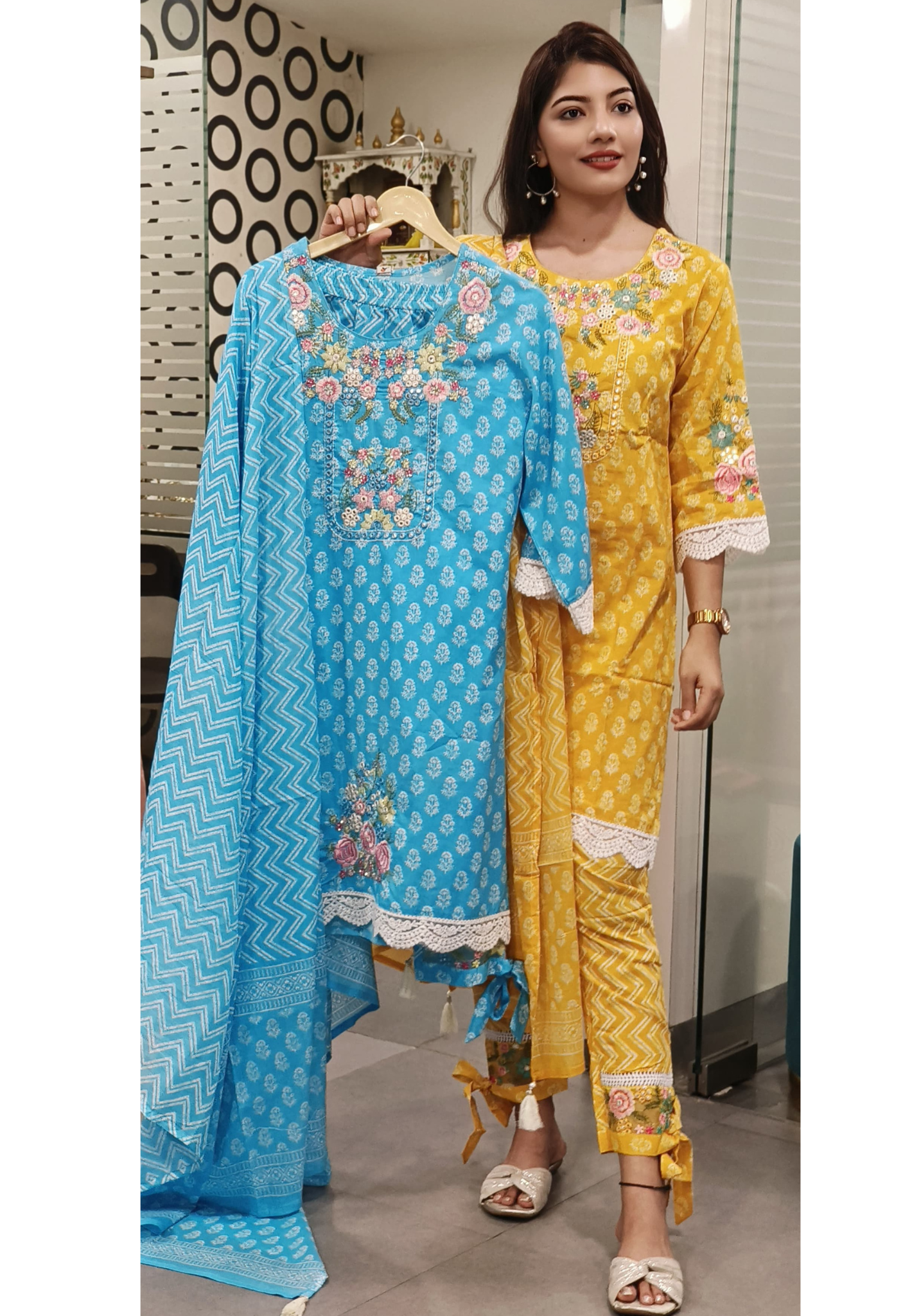 Elegant Cotton Embroidered Suit with Lace & Knot-Style Pants-09176,09177