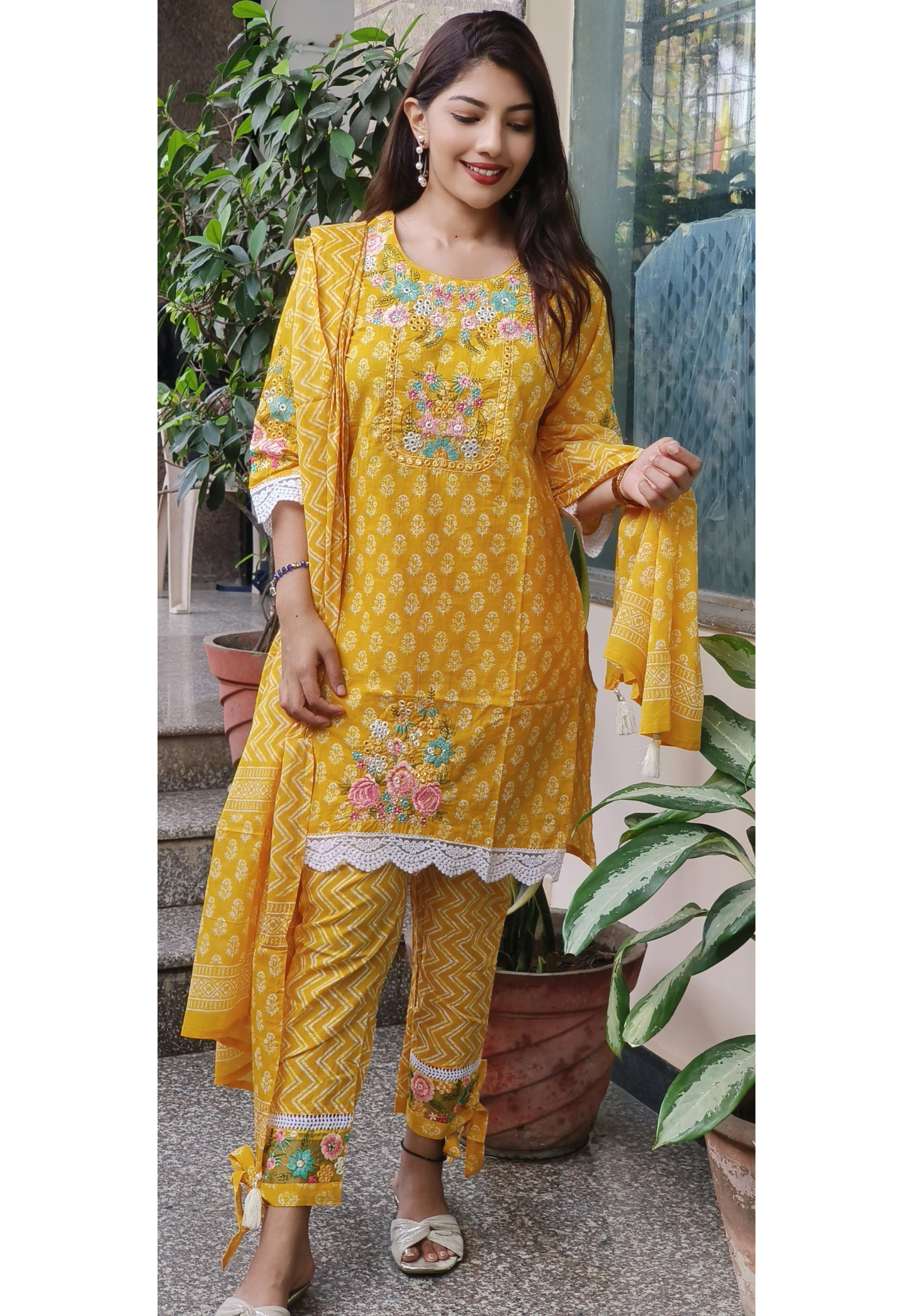 Elegant Cotton Embroidered Suit with Lace & Knot-Style Pants-09176,09177