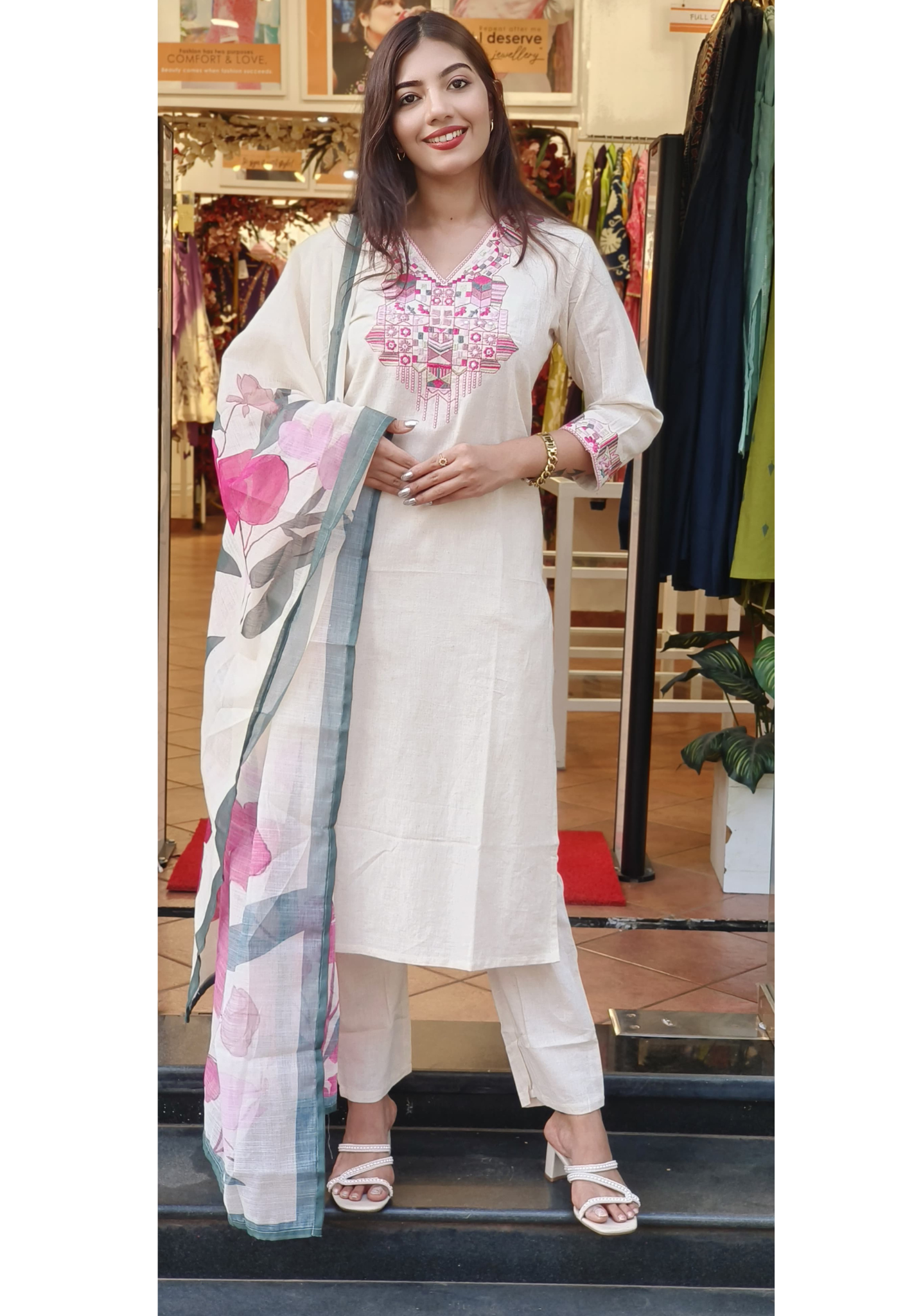 Beautiful Embroidered Neck Cotton Full Set With Floral Dupatta-9482