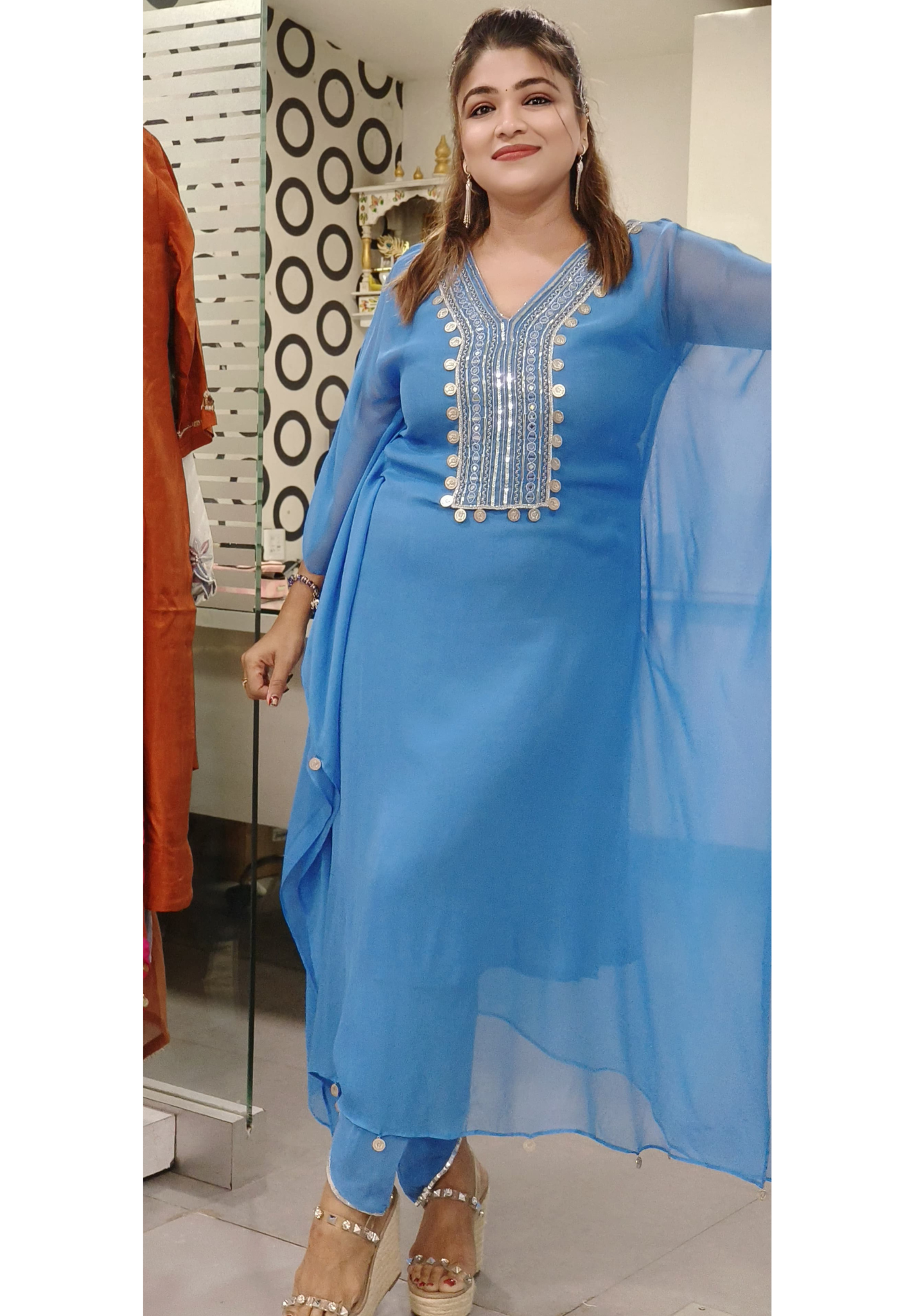Gorgette Coin and mirror Embroidered Kaftan With inner and Tulip Bottom Dispatching After 15 Days 9548