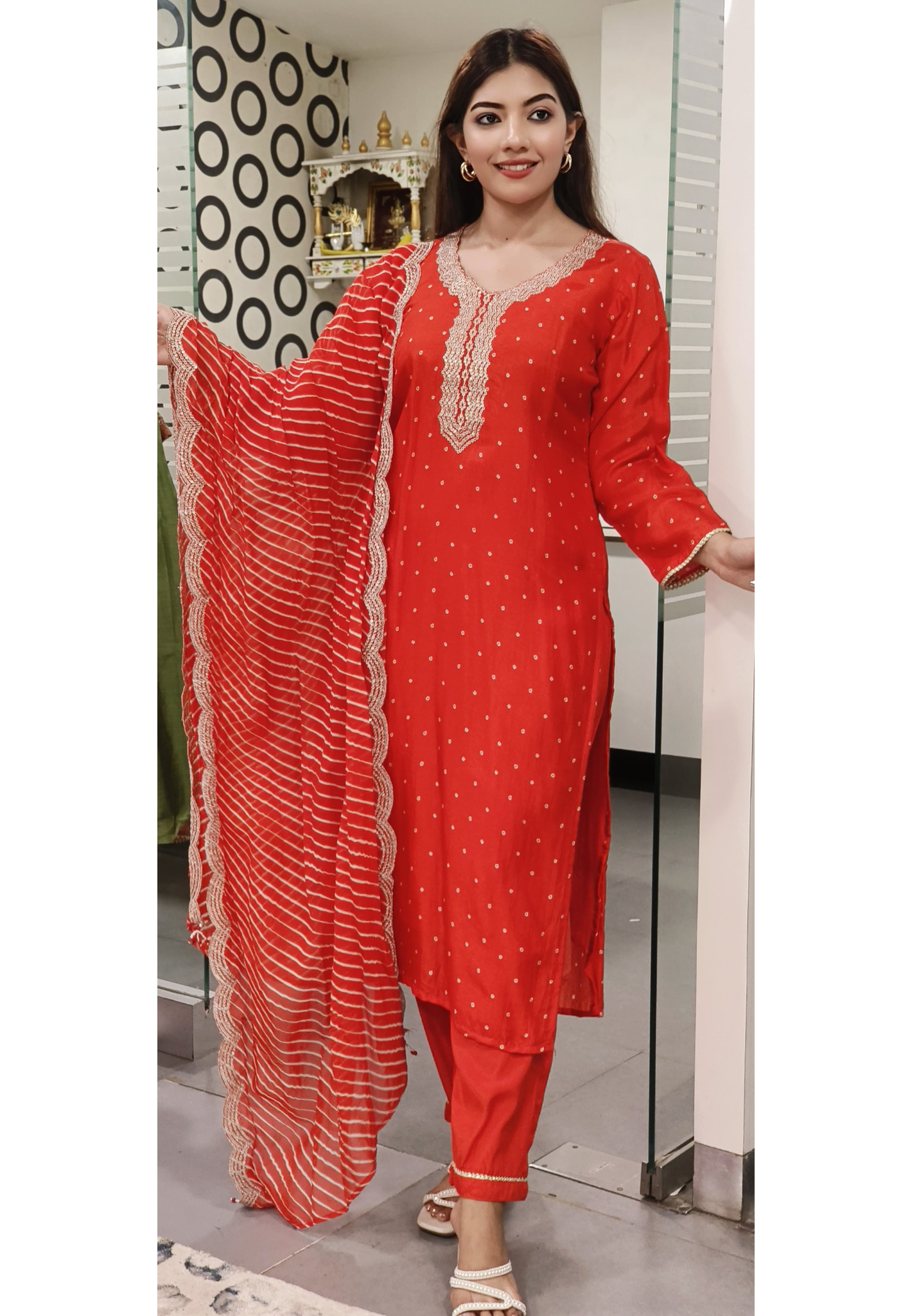 Golden Zari Work Bandhej Full Suit Set With Leheriya Dupatta In Silk Fabric-07773