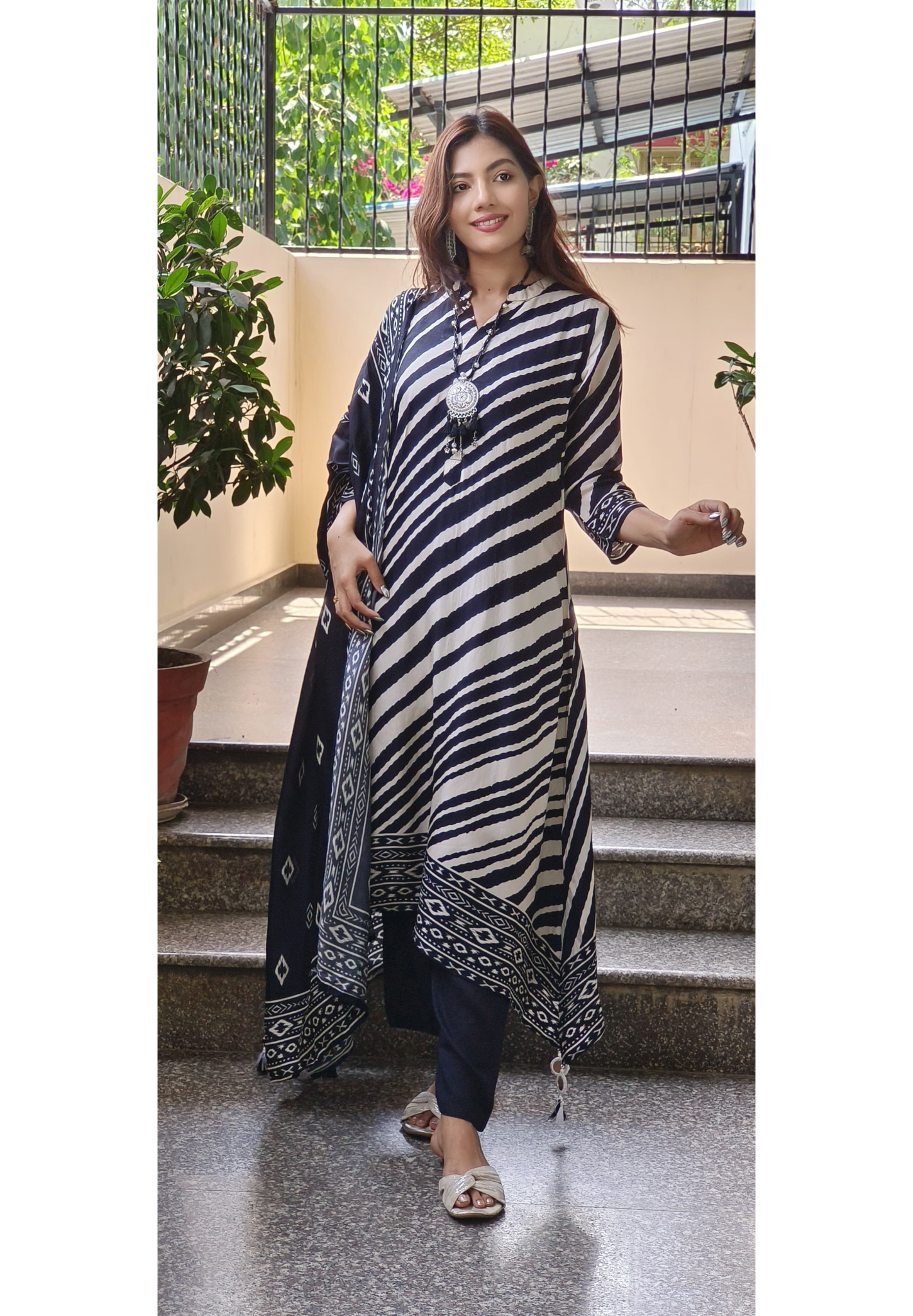 LEAN FIT Dola Silk LehriyaKurta Pant Set With Dupatta Stylish Neck piece- 09584 DISPATCHING WILL BE FROM TUESDAY