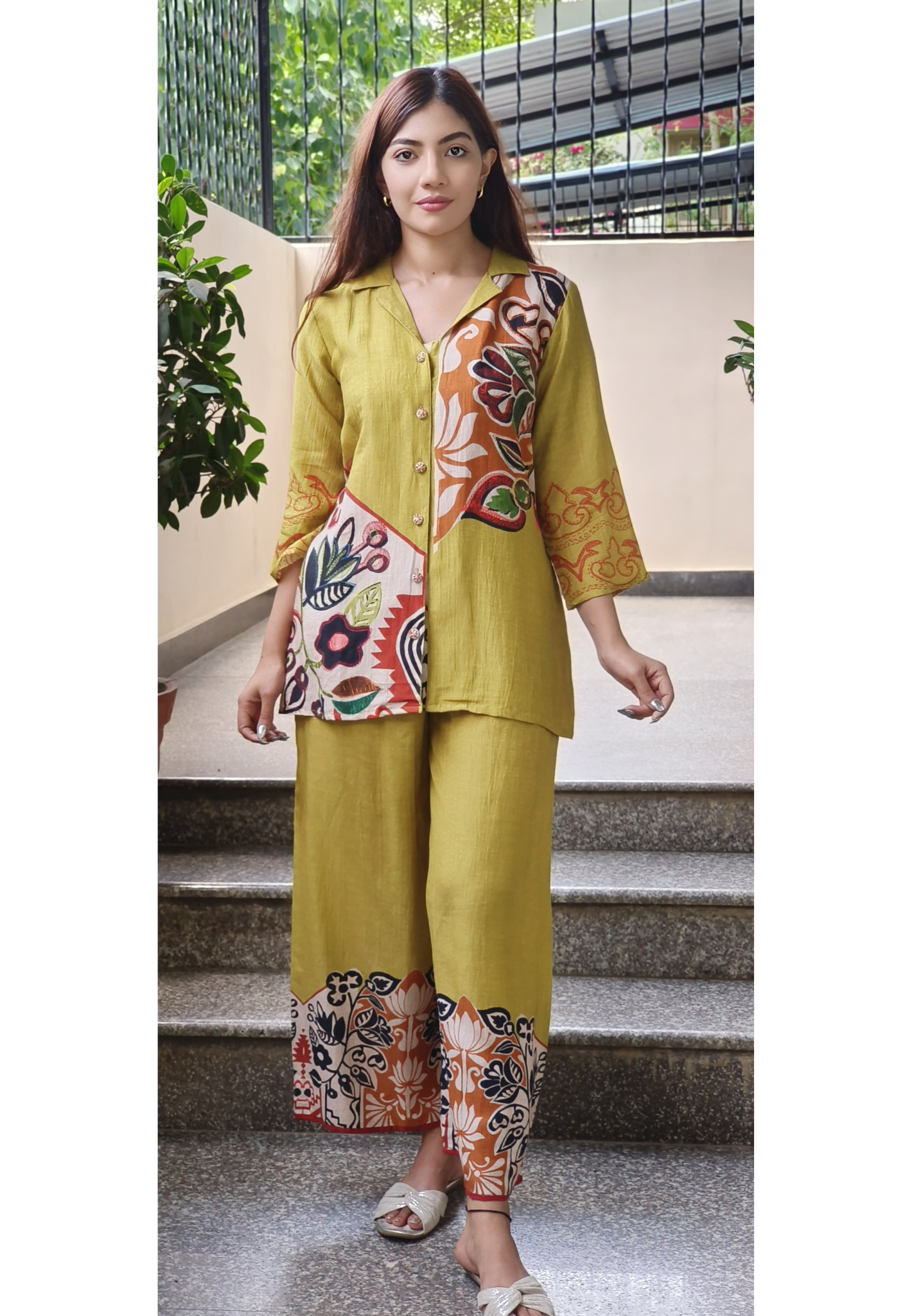 Stylish Pure Linen Fabric Cord Set In Placement Floral Print- 09590