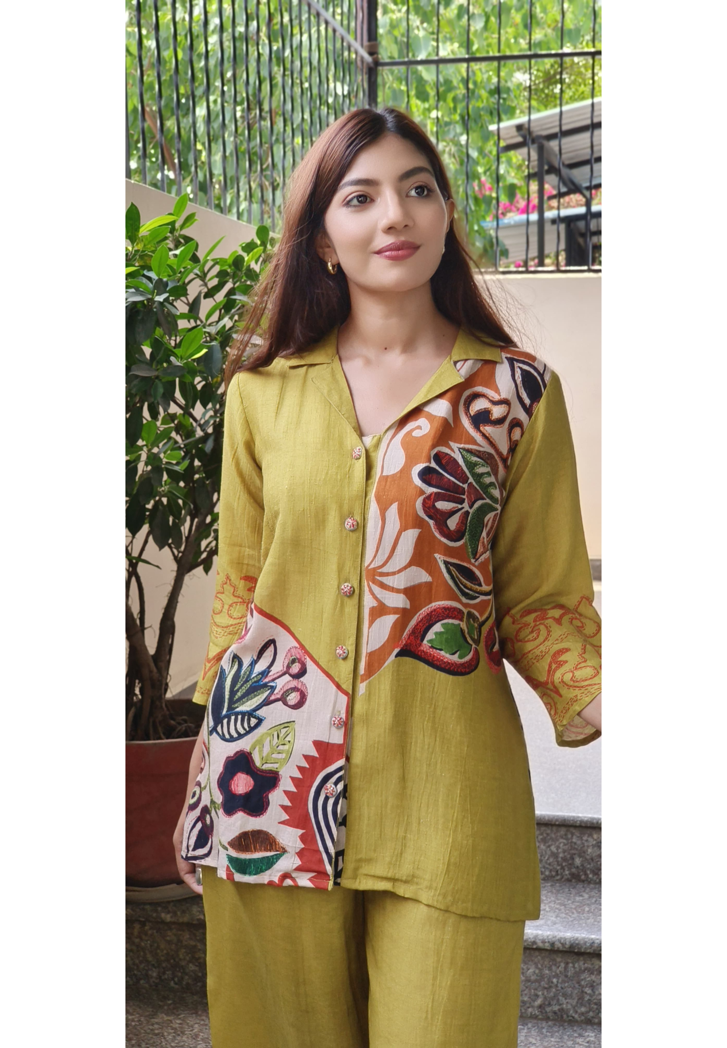 Stylish Pure Linen Fabric Cord Set In Placement Floral Print- 09590