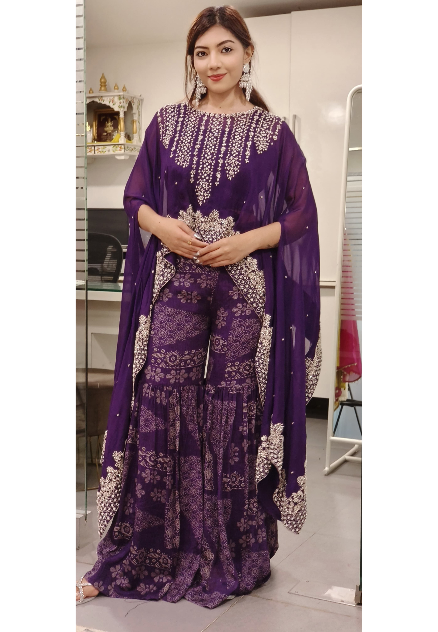 Designer Cut Dana Embroidered Indo Western Wear With Heavy Stoned Organza Cape Short Padded Busters And Sharara- 09655