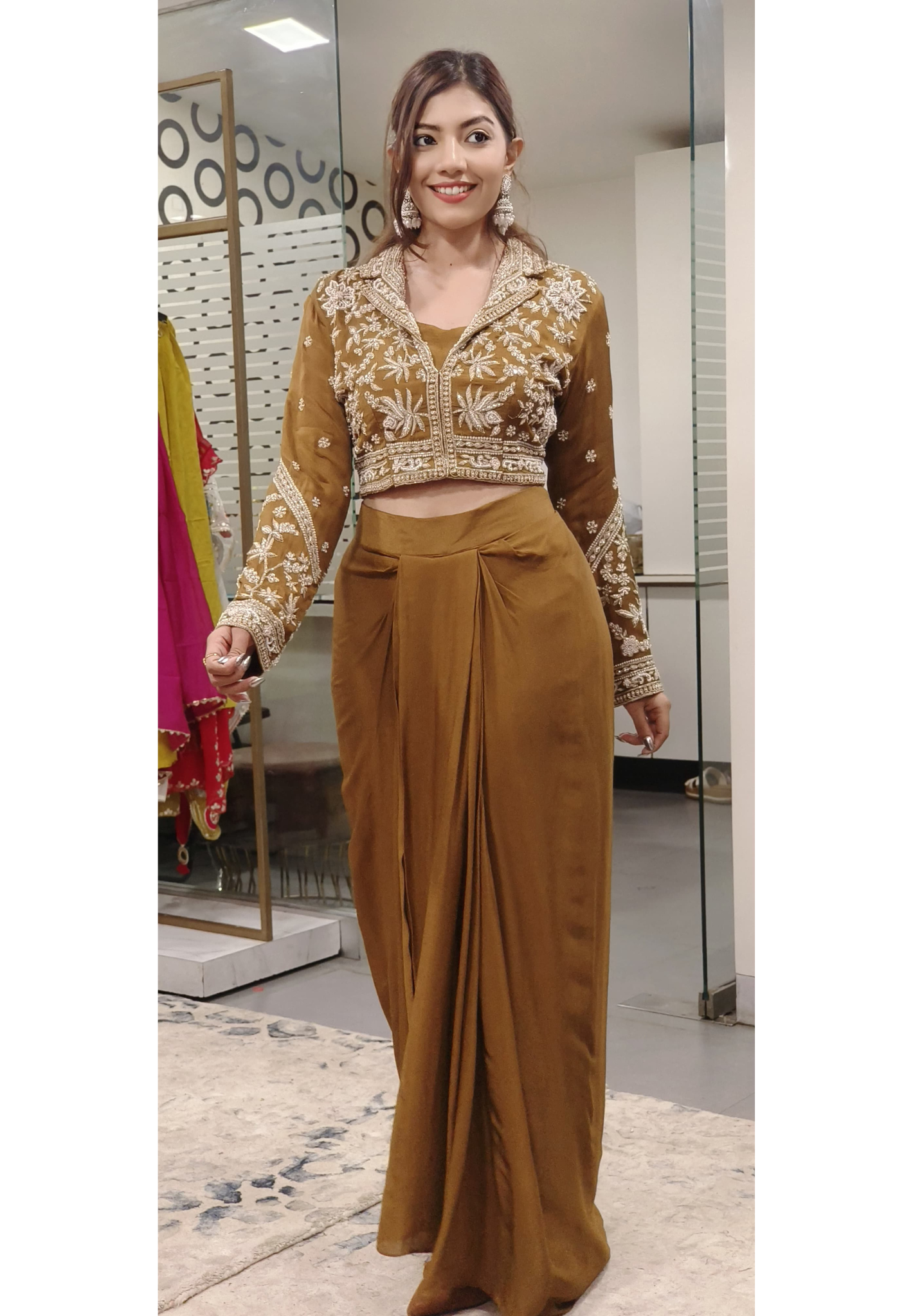 Heavy Pearl Cut Dana Embroidered Indo Western Wear Short Buster With Draped Skirt And Embroidered Jacket 09649,09650