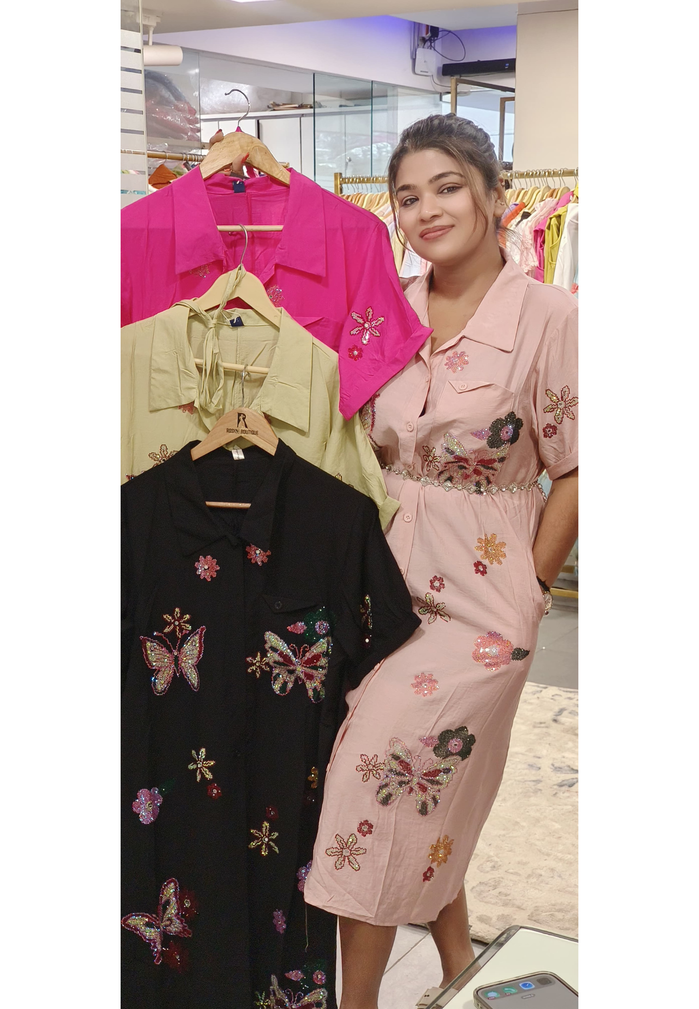 Imported Collar Style Western Dress Butterfly Designed With Pocket