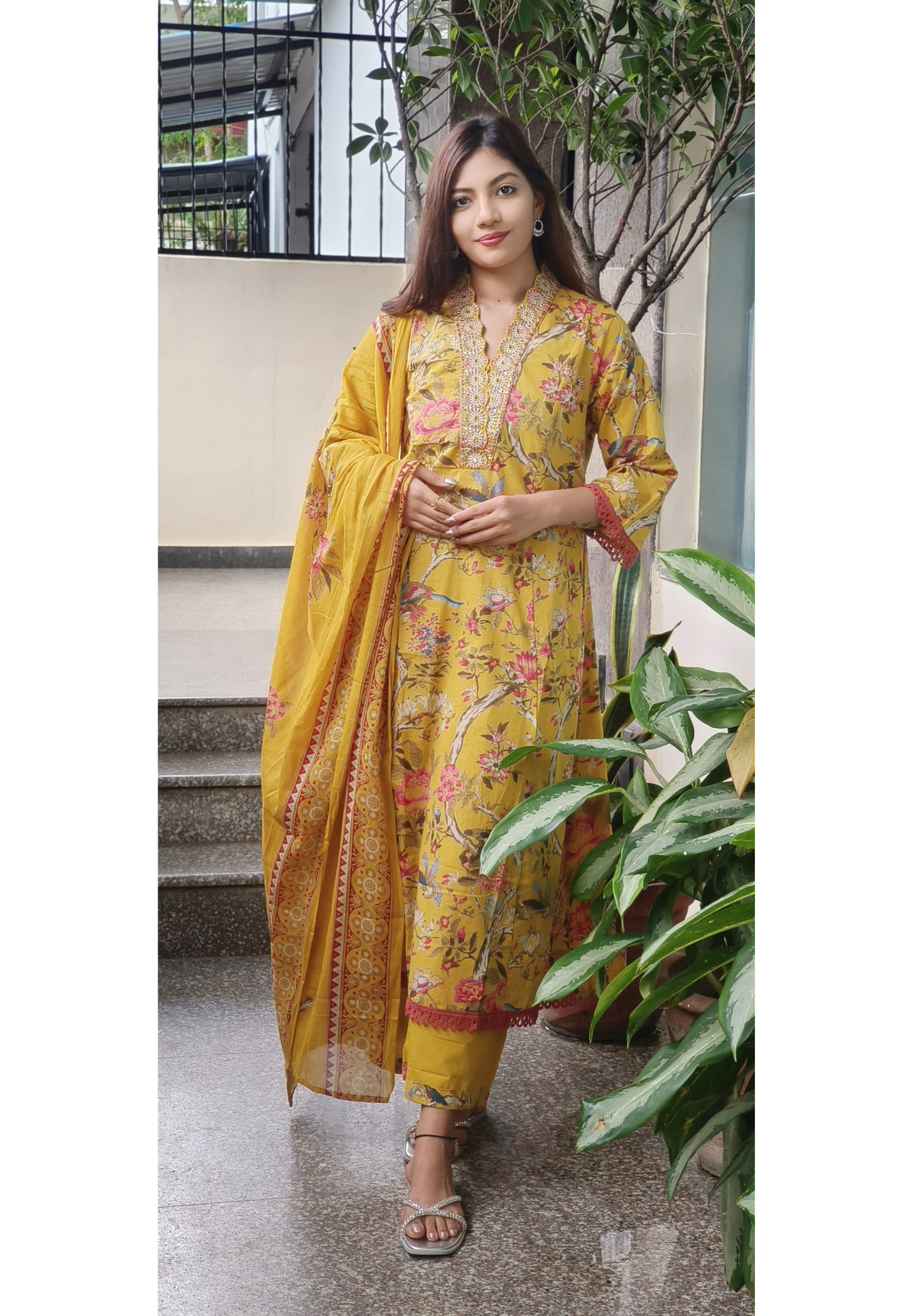 Floral Printed Panel Anarkali Full Suit Set In Cotton Fabric- 09724