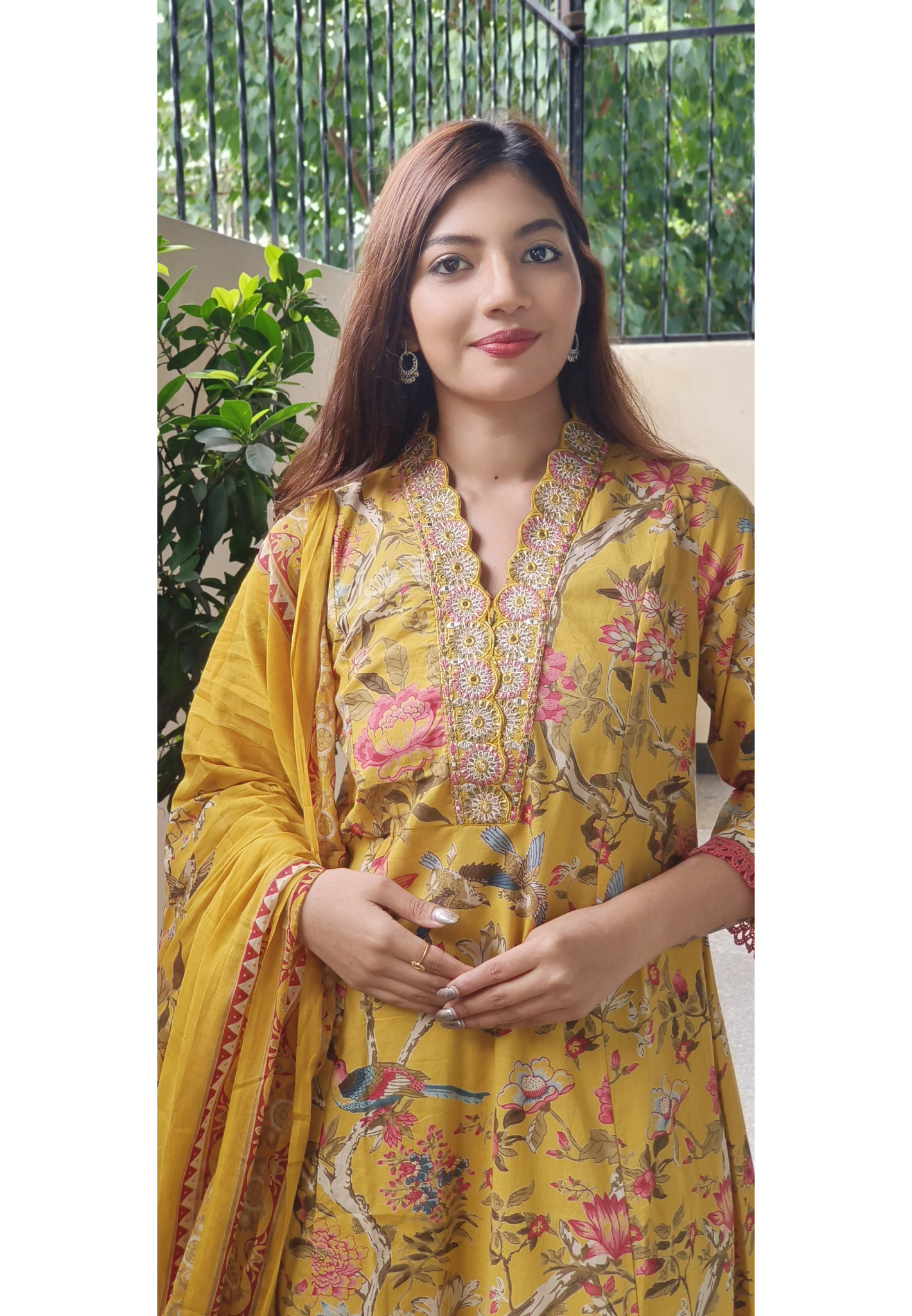 Floral Printed Panel Anarkali Full Suit Set In Cotton Fabric- 09724