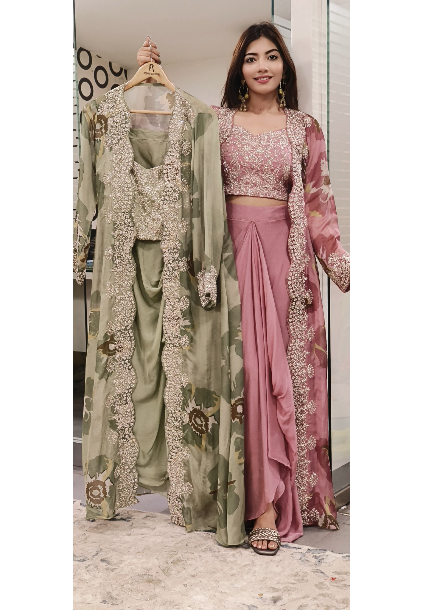 Elegant Pastel Handwork Ensemble Crop Top,Chinon Skirt & Floral Organza Shrug- 09853