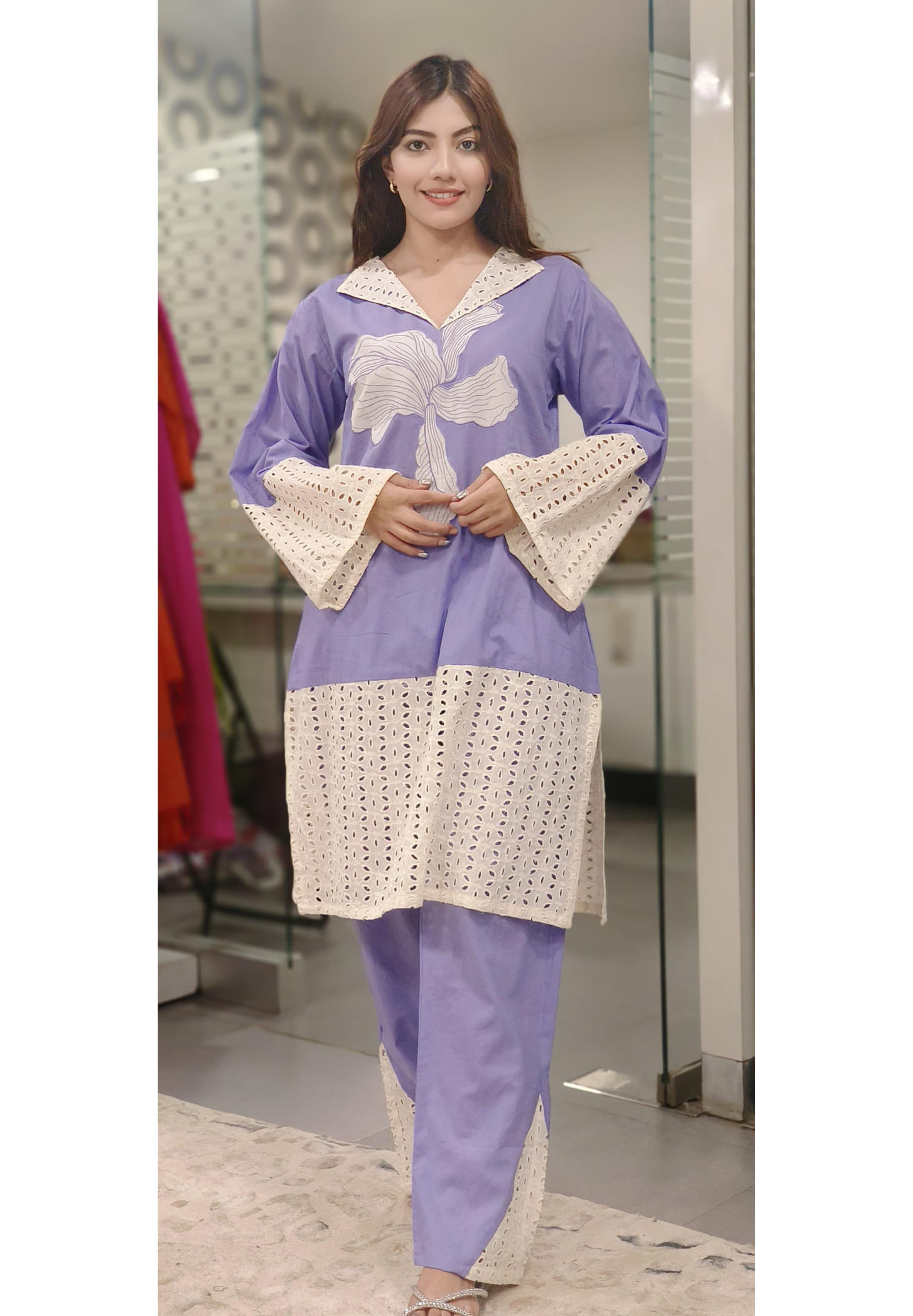 Unique Cut Work Flared Sleeve Kurta Pant Set- 09927