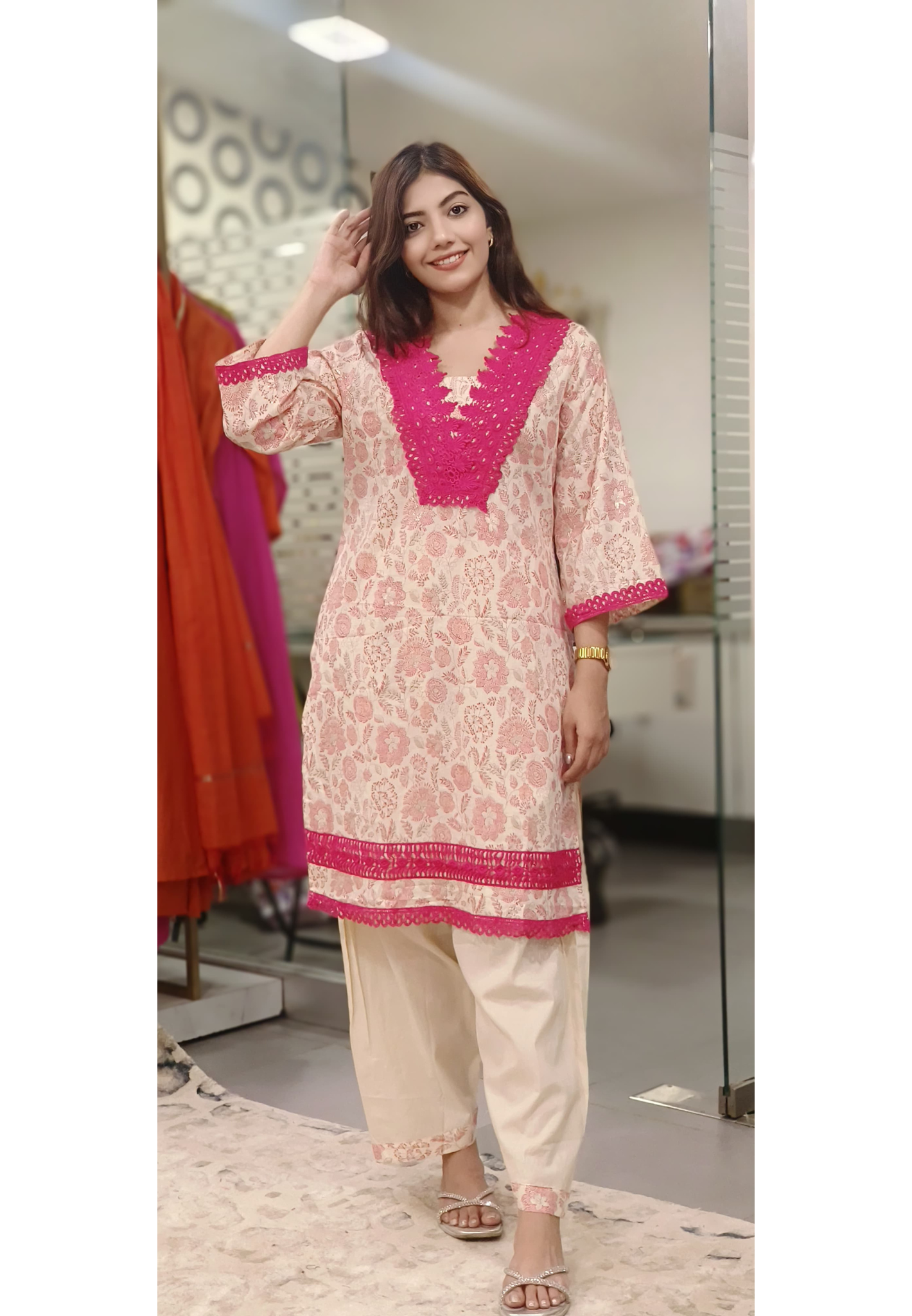 Cut Work Lace V-Neck Floral Printed Kurta Pant