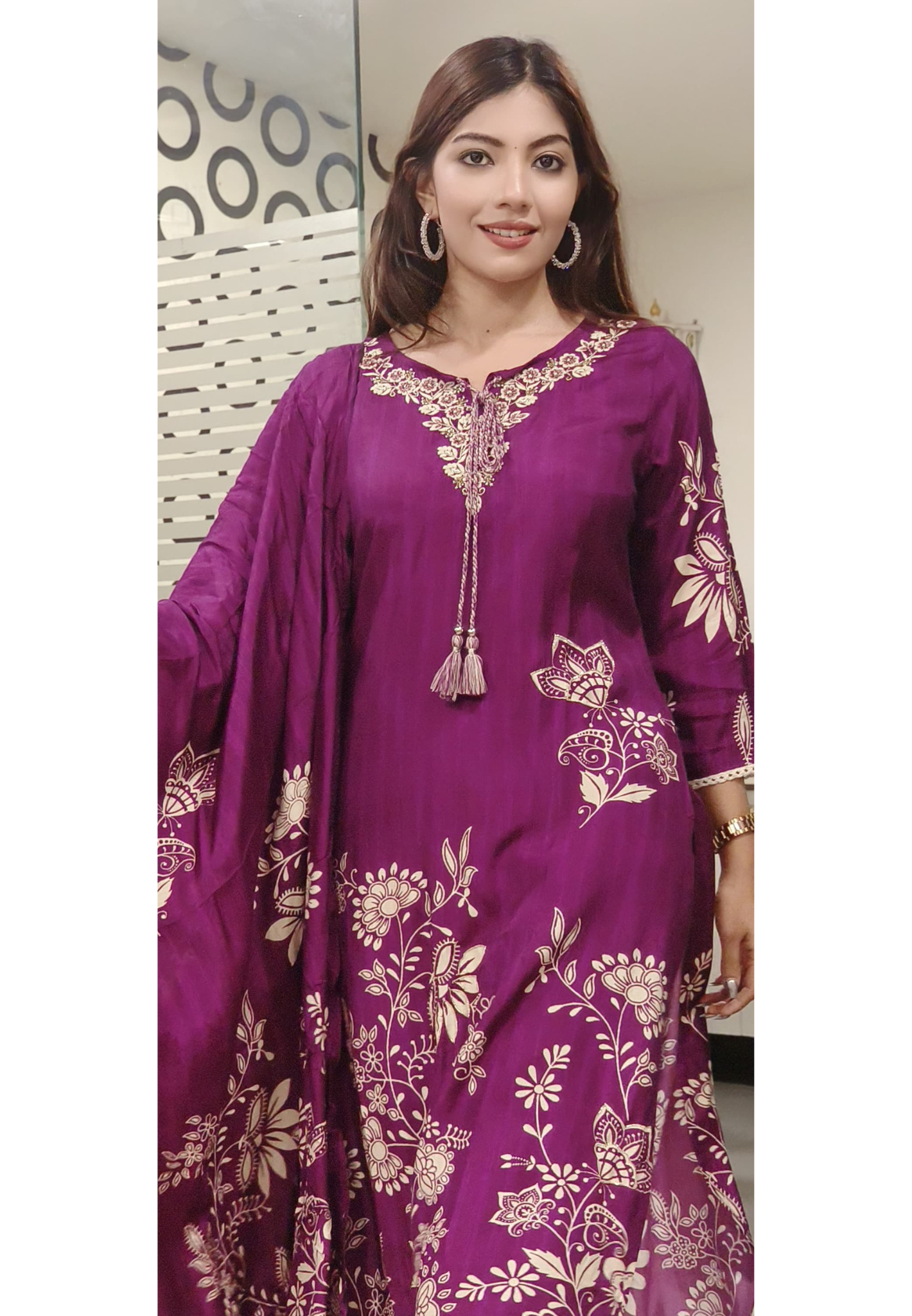 Floral Printed Purple Kurta Pant Set With Dupatta- 09808