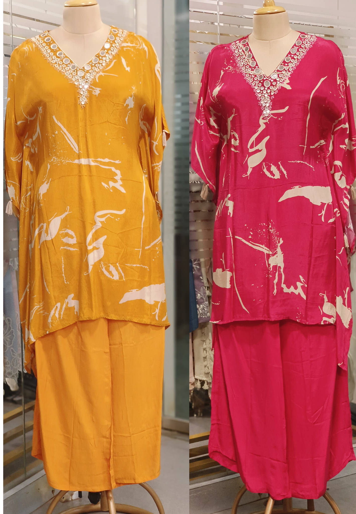 Real Mirror Embroidered Crepe Kaftan With Beautiful Print & Neck Work With Bottom