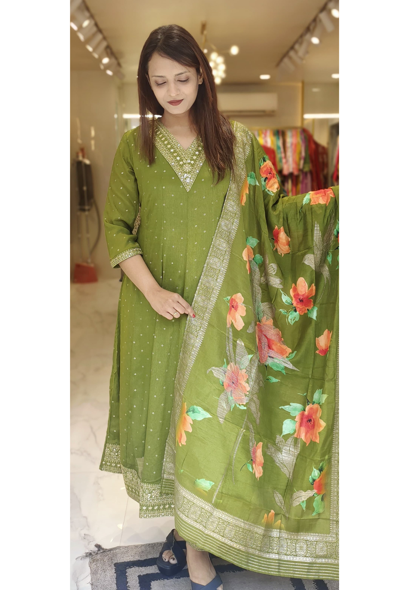 Zari Work Anarkali Full Suit With Floral Dupatta