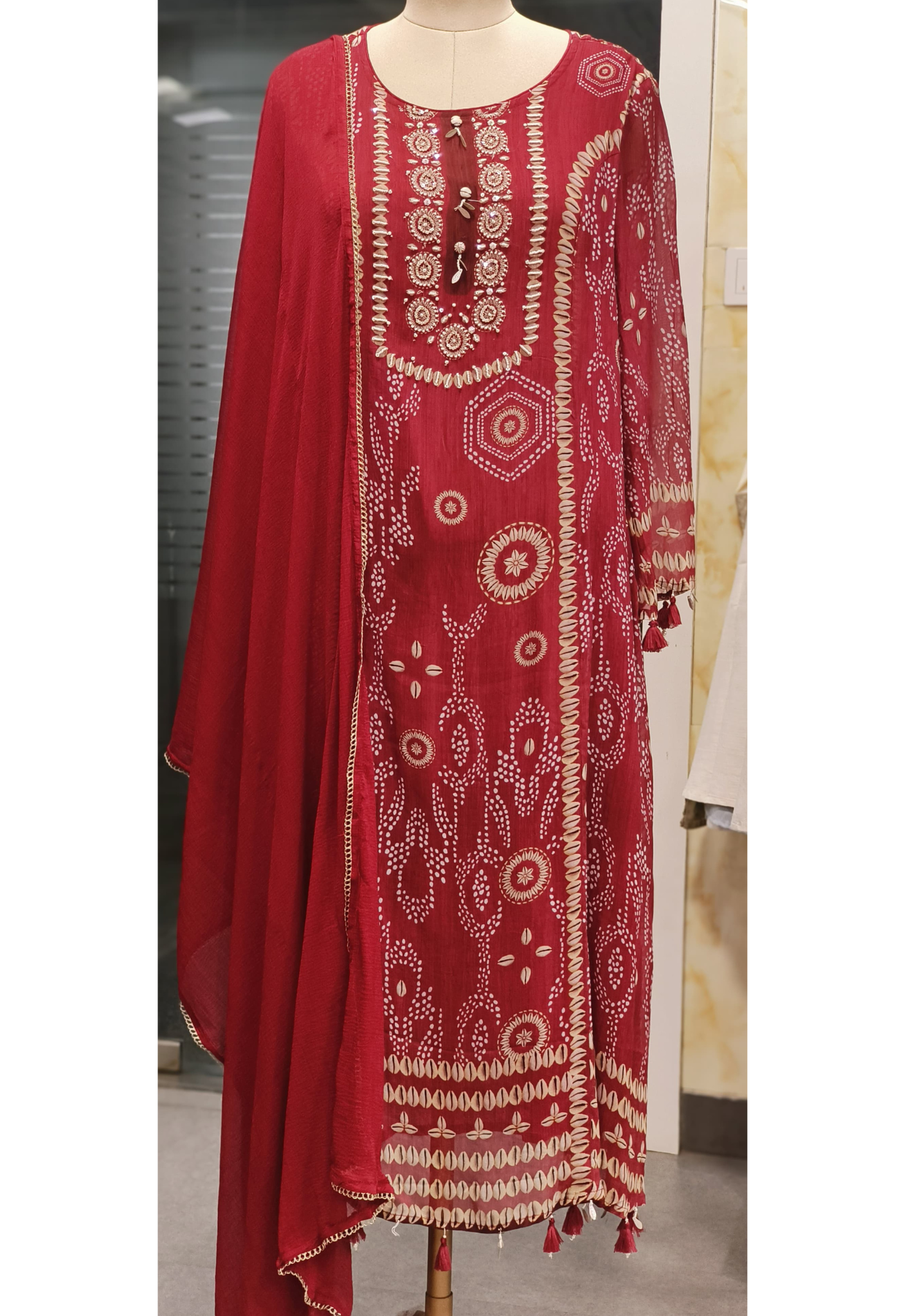 Tiny Pearl & Shell Work Anarkali Full Suit With Dupatta