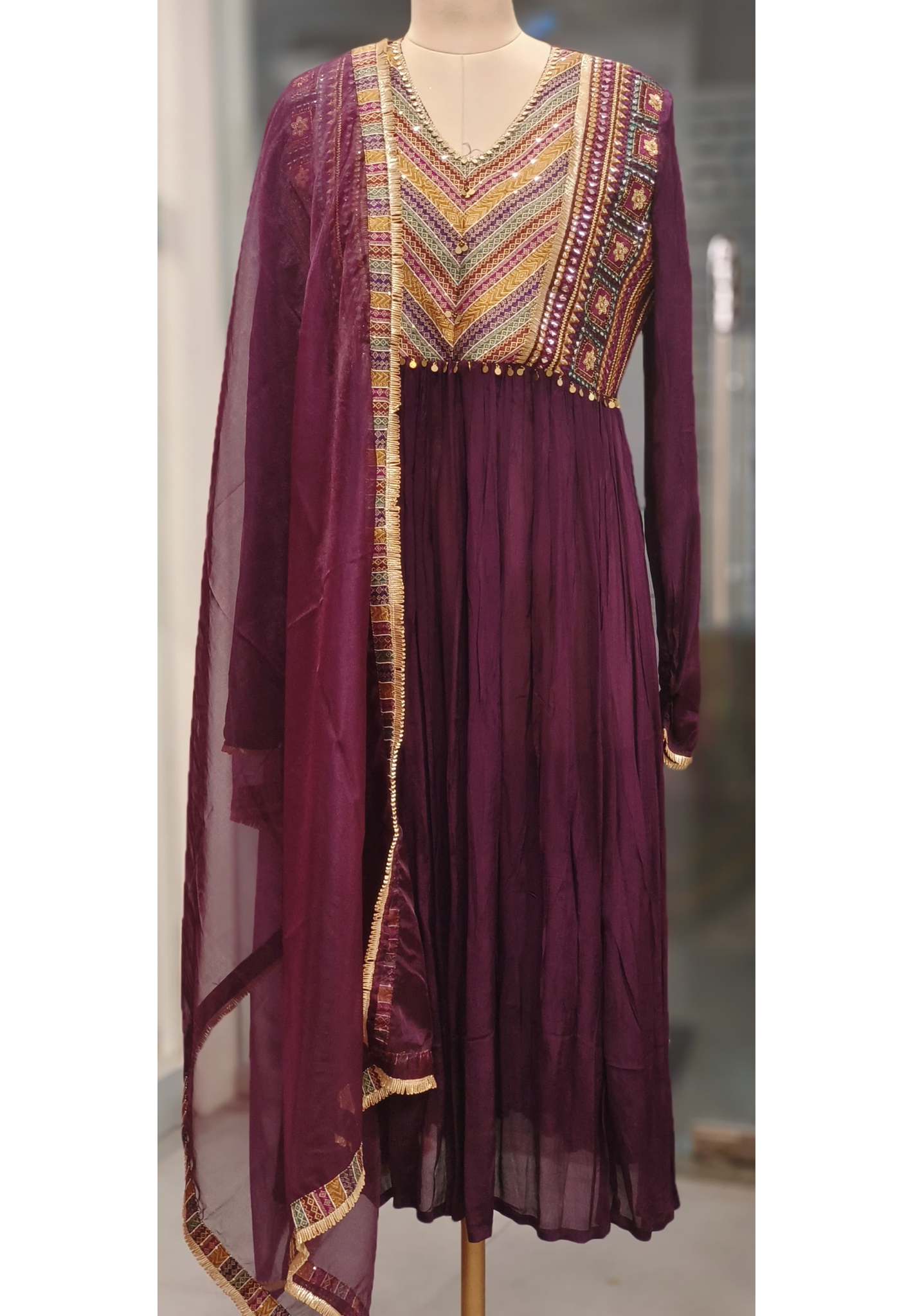 Foil Mirror Multicolored Beautiful Front Design Anarkali Full Suit