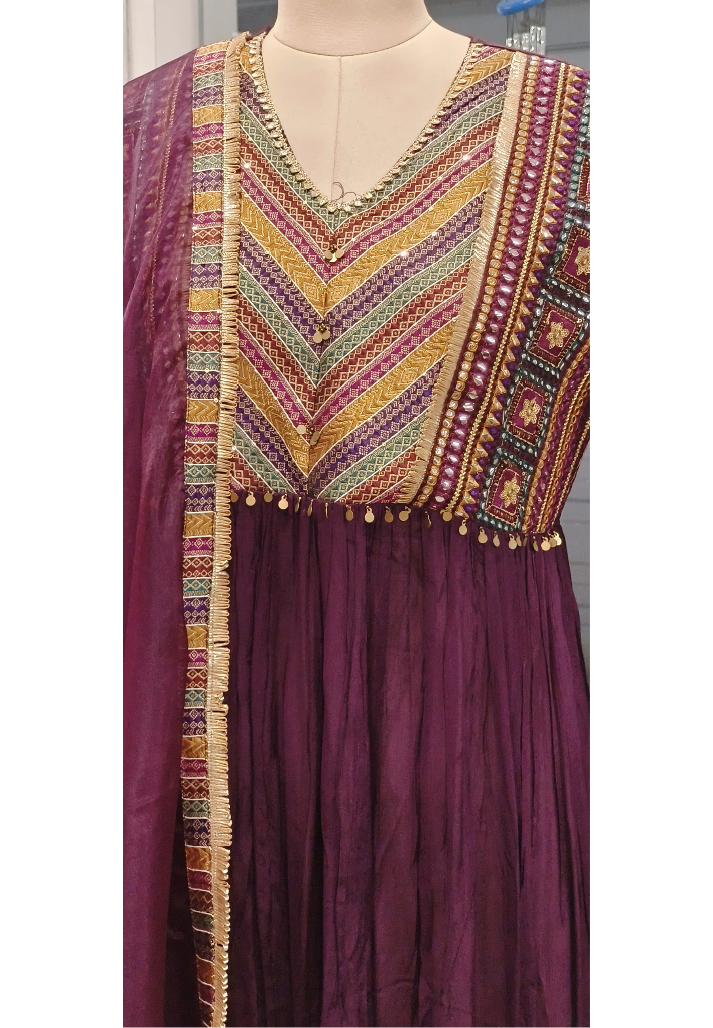 Foil Mirror Multicolored Beautiful Front Design Anarkali Full Suit