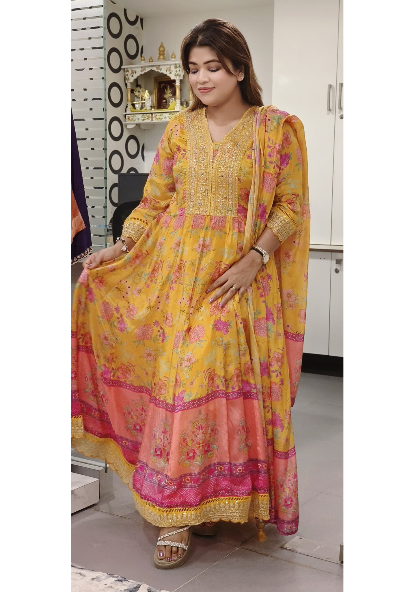 Floral Print Front Work Muslin Anarkali Full Suit With Dupatta