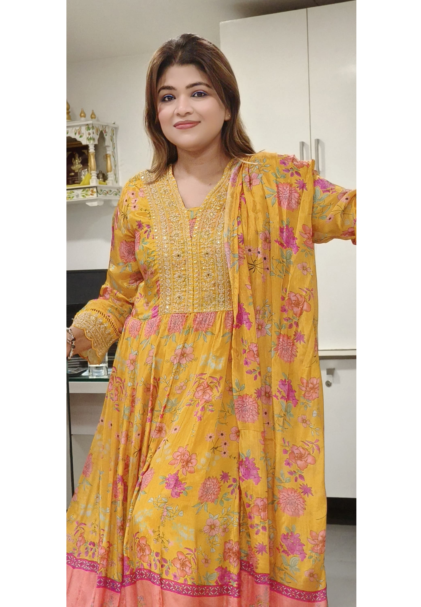 Floral Print Front Work Muslin Anarkali Full Suit With Dupatta