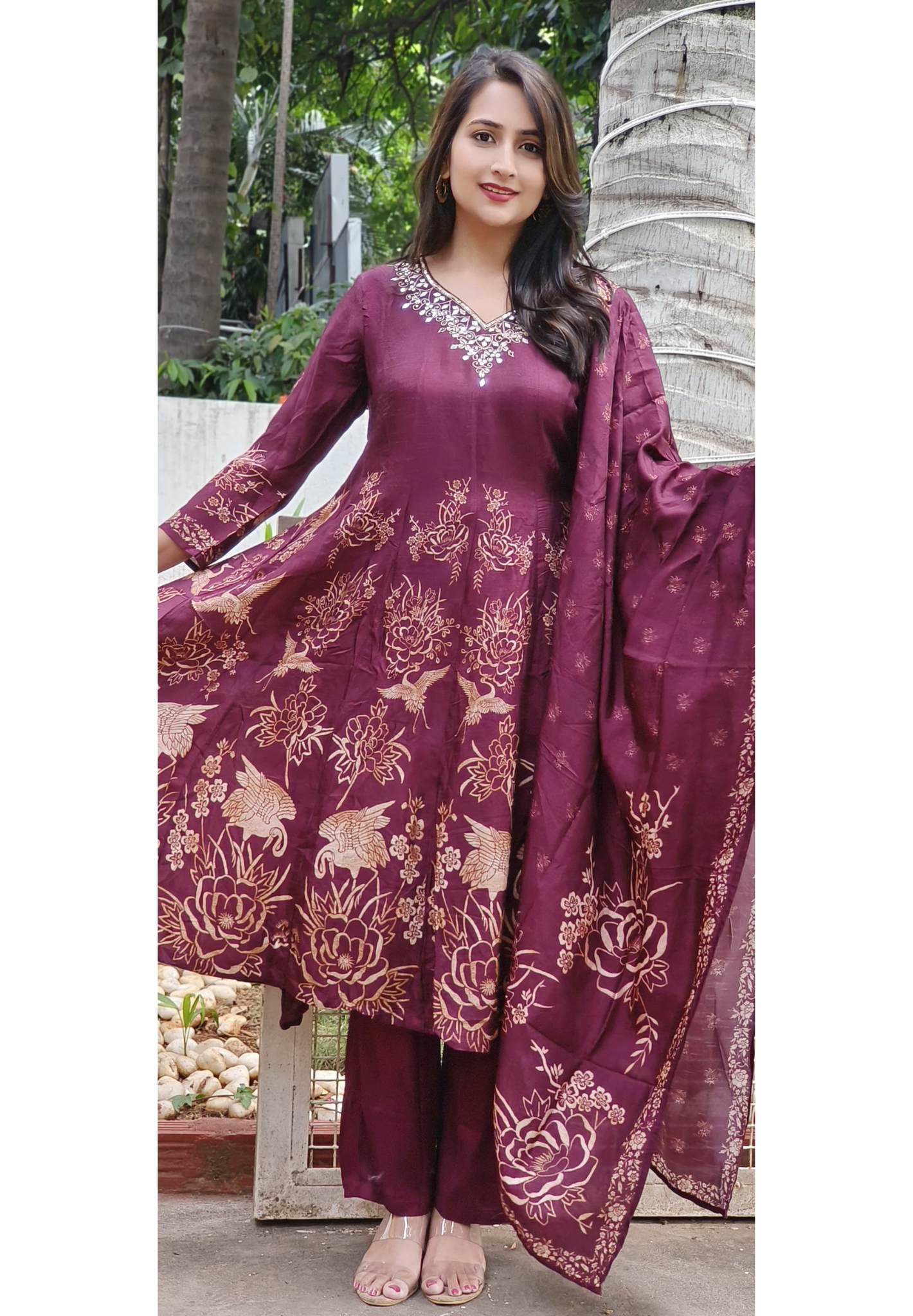 Foil mirror Work With Floral & Swan Print Anarkali Full Suit