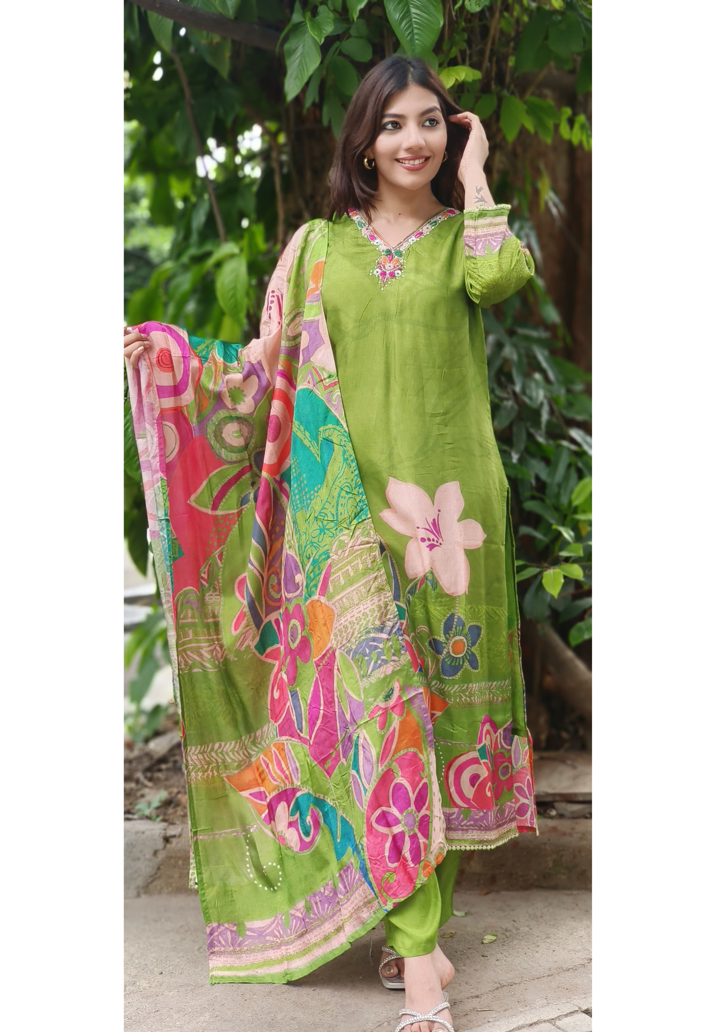 Digital Floral Print Kurta Pant With Dupatta In Dola Silk Fabric