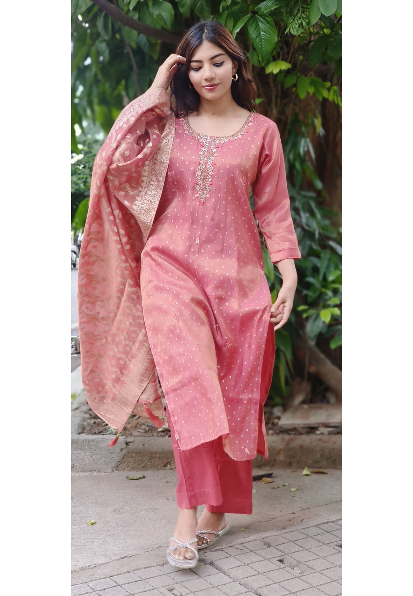 Mirror & Pearl Work Banarasi Silk Bandhani Print Kurta With Taffeta Bottom & Dupatta (DISPATCHING WILL BE DEALYED BY A WEEK)
