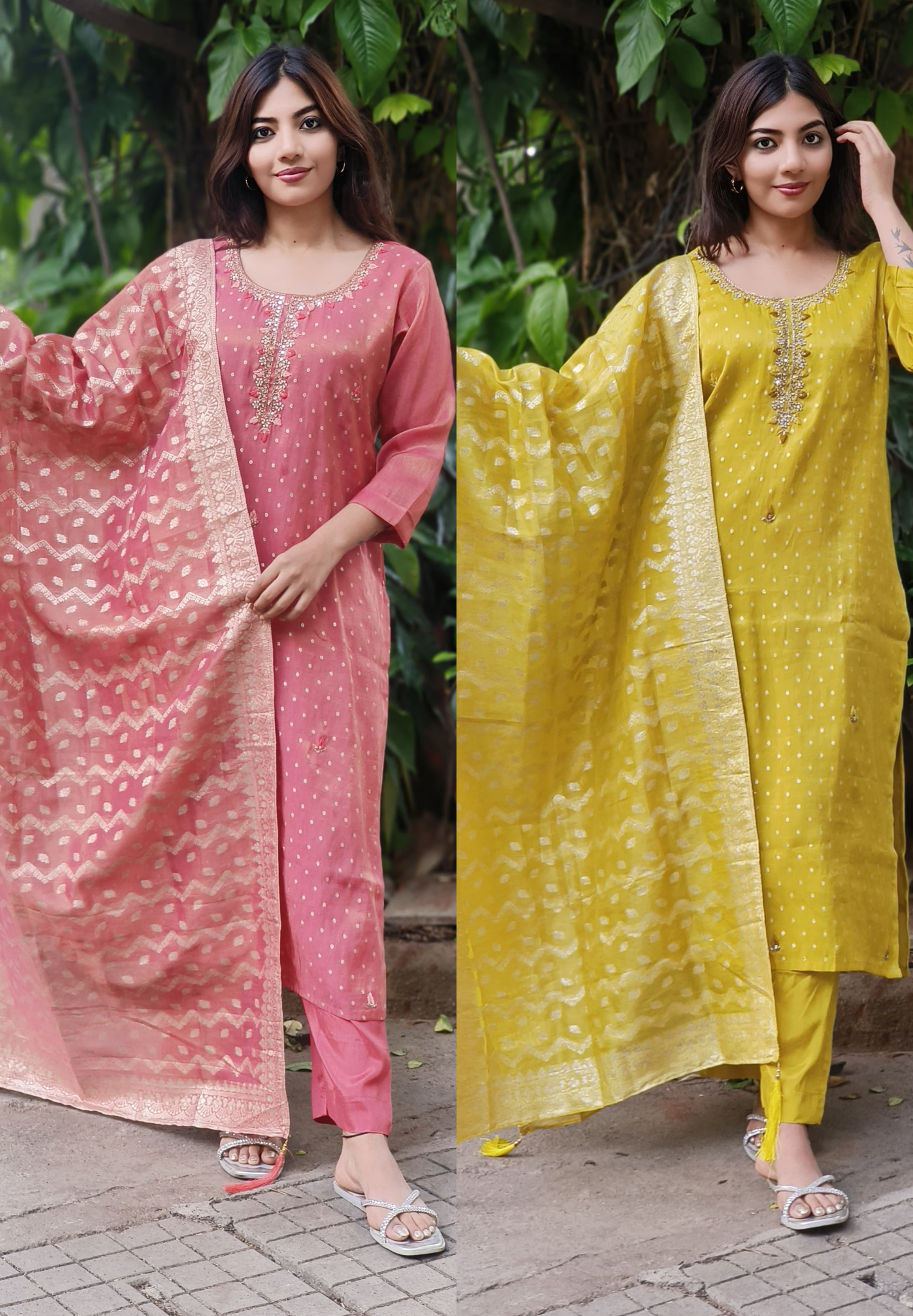 Mirror & Pearl Work Banarasi Silk Bandhani Print Kurta With Taffeta Bottom & Dupatta (DISPATCHING WILL BE DEALYED BY A WEEK)