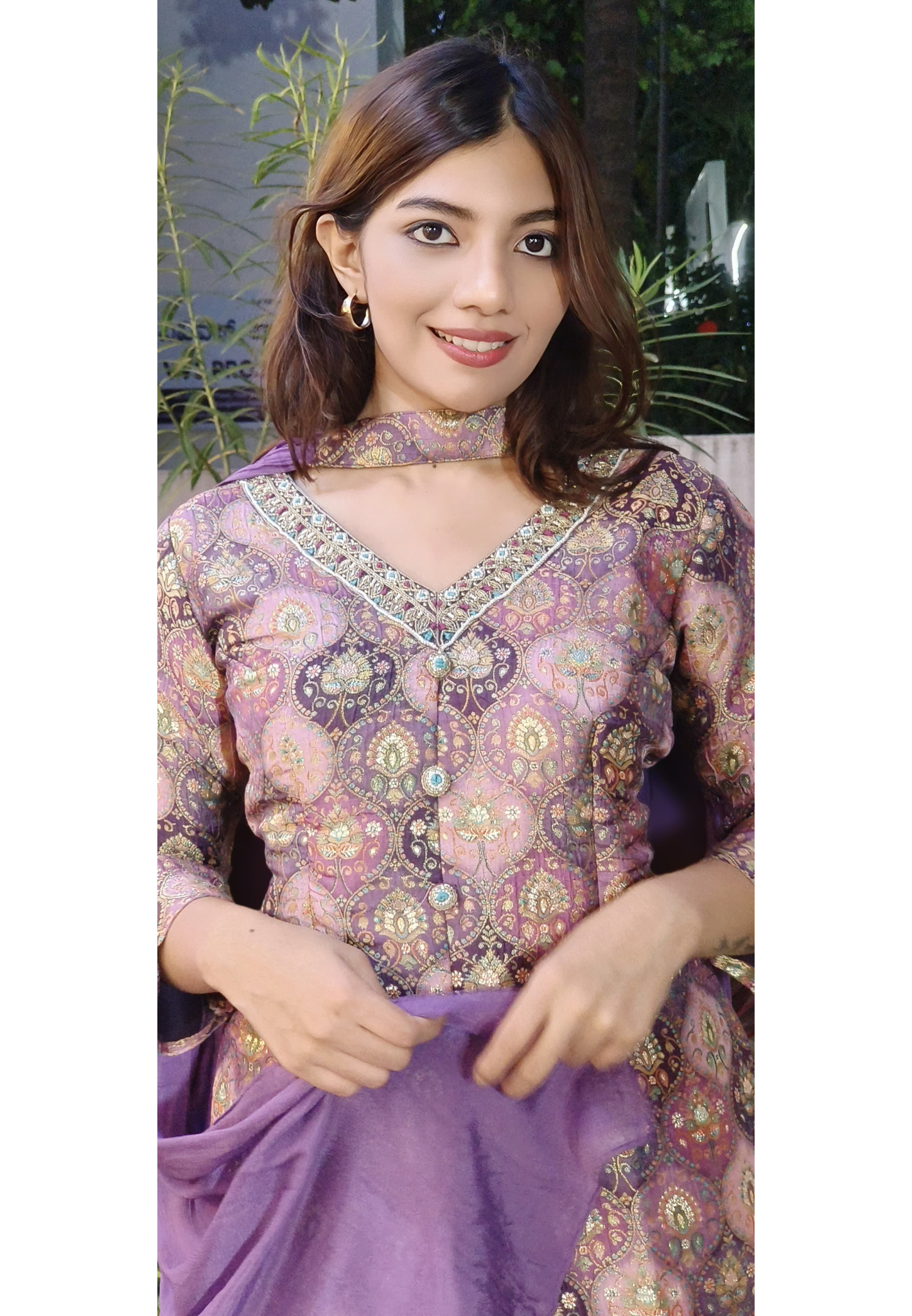 Brocade V-Neck Short Kurta With Chinon Palazzo Pant & Dupatta
