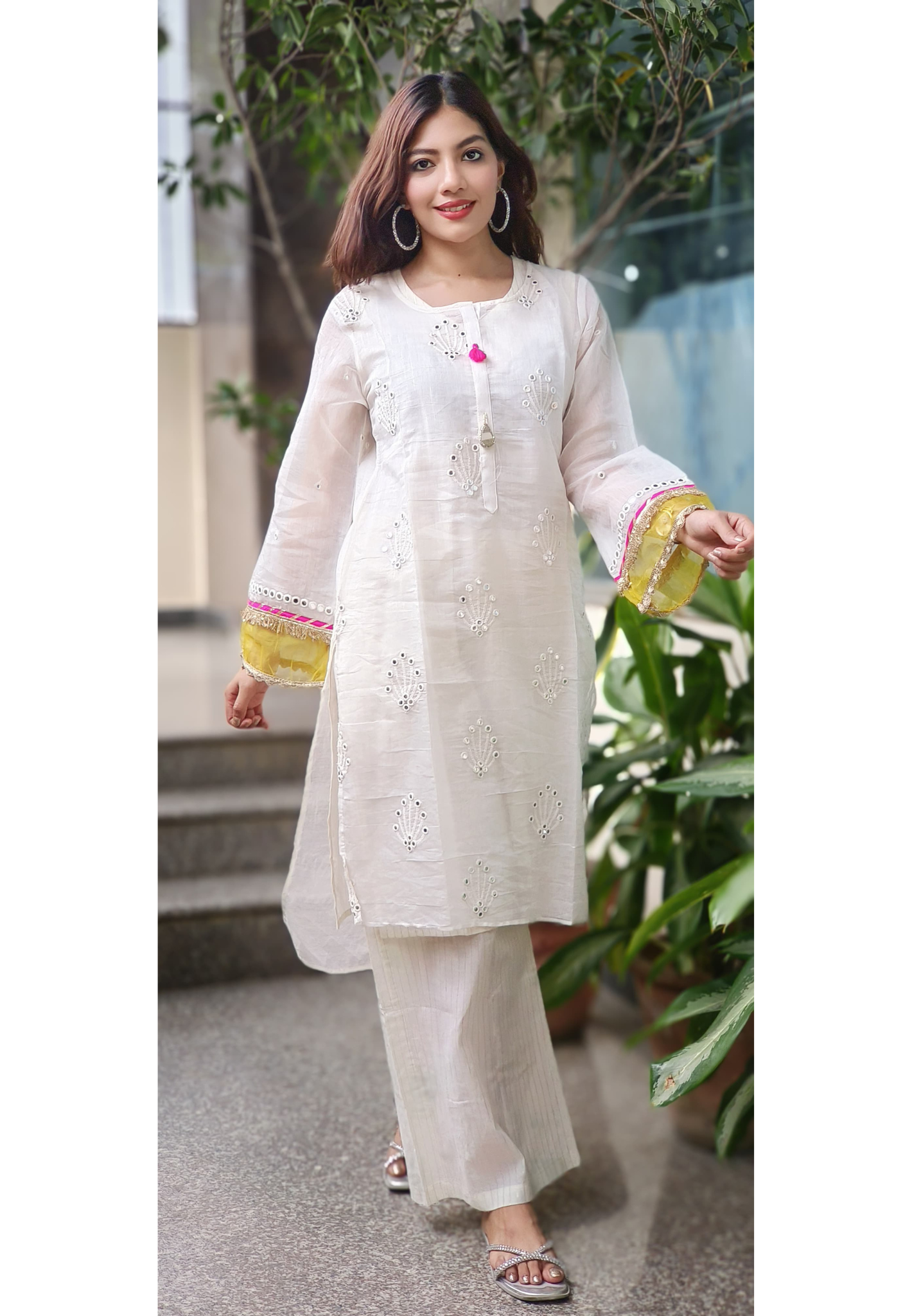 Foil Mirror Work Chanderi Outer With Inner & Pant In Lurex Fabric - 09965