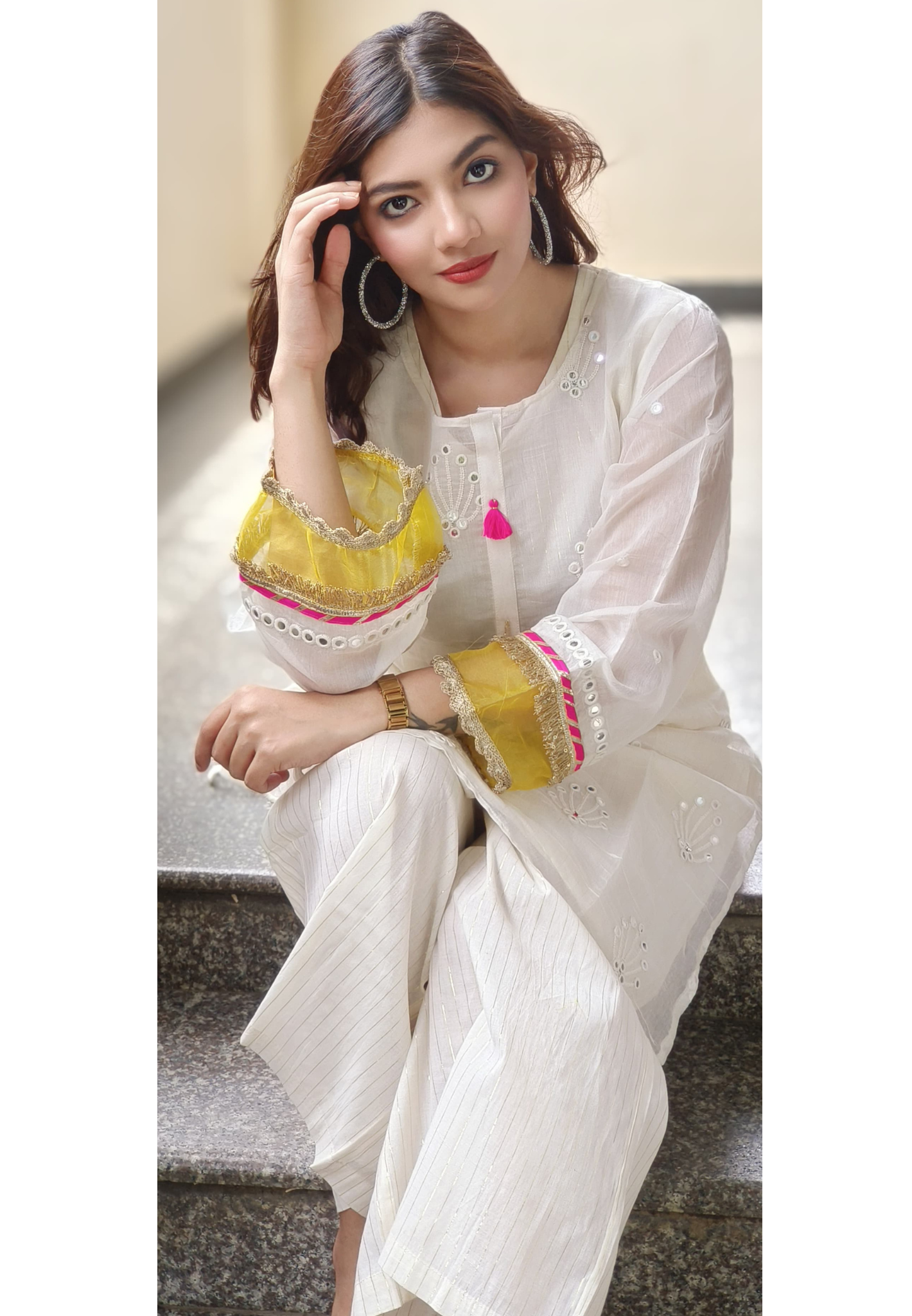 Foil Mirror Work Chanderi Outer With Inner & Pant In Lurex Fabric - 09965