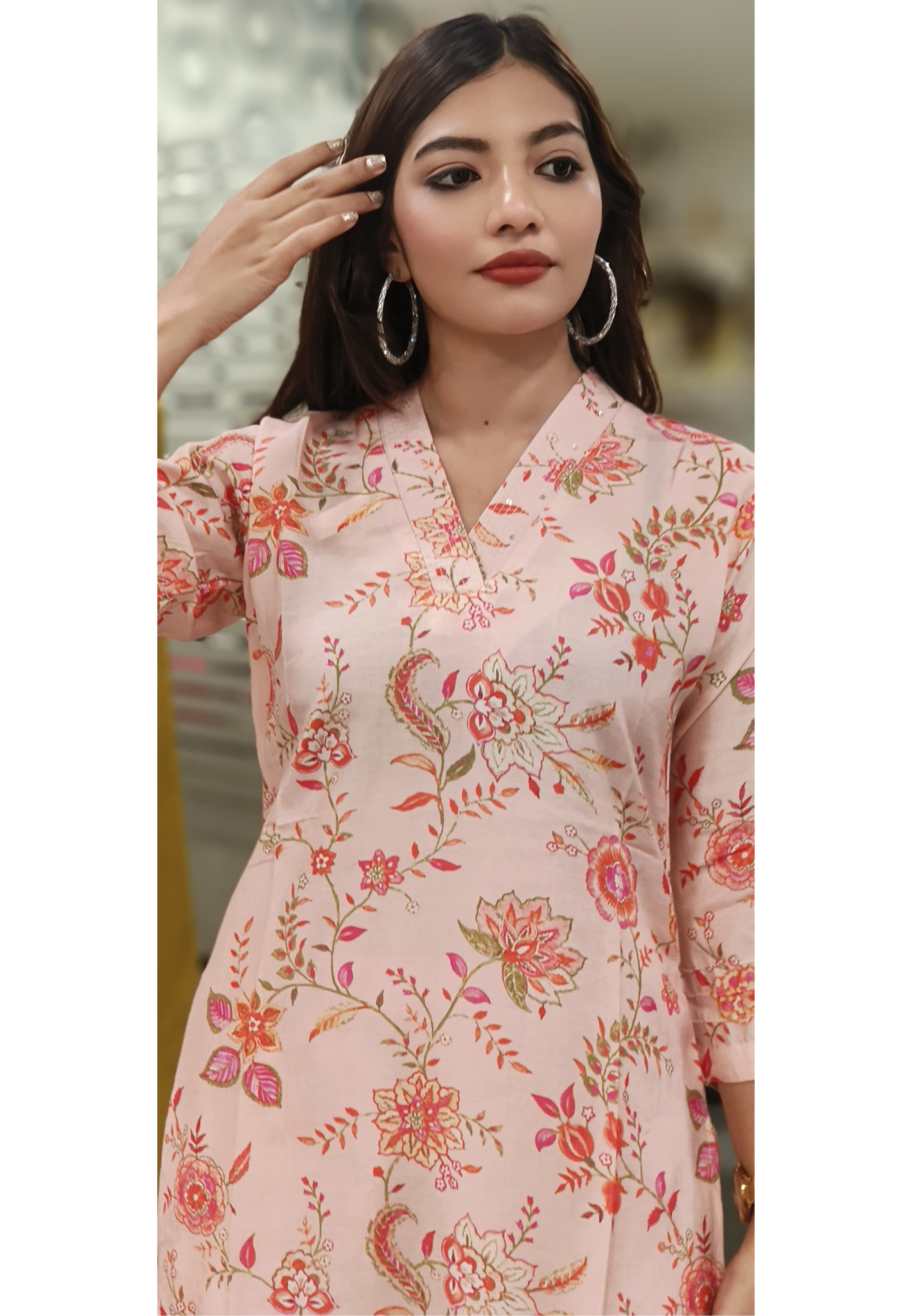Floral Printed V-Neck Kurta With Bottom In Modal Muslin Fabric- 10022