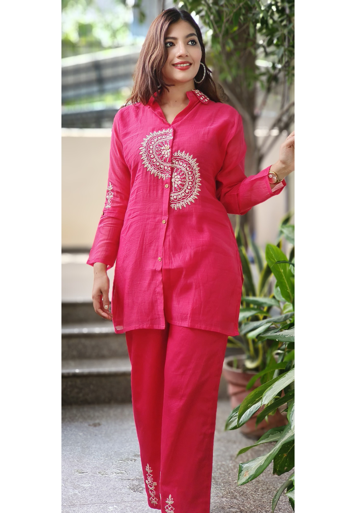 Floral Thread Embroidered Handwork Collared Co-Ord Set In Mul Chanderi