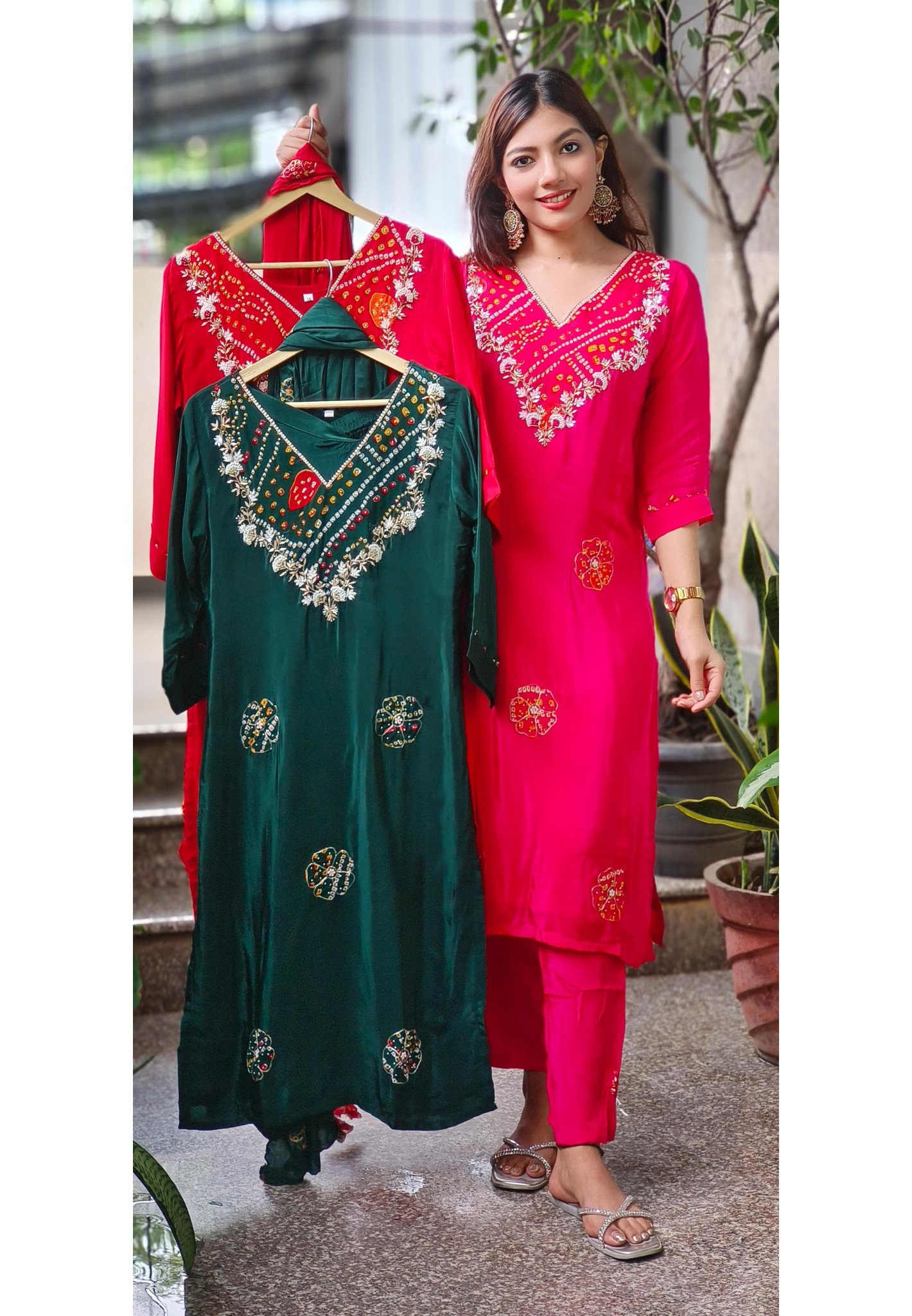 Pearl & Beads Bandhani Work V-Neck Kurta(Lining Inside) With Bottom & Dupatta In Crepe Fabric- 10043 (Red Colour Dispatching Will Be after 25 Days)