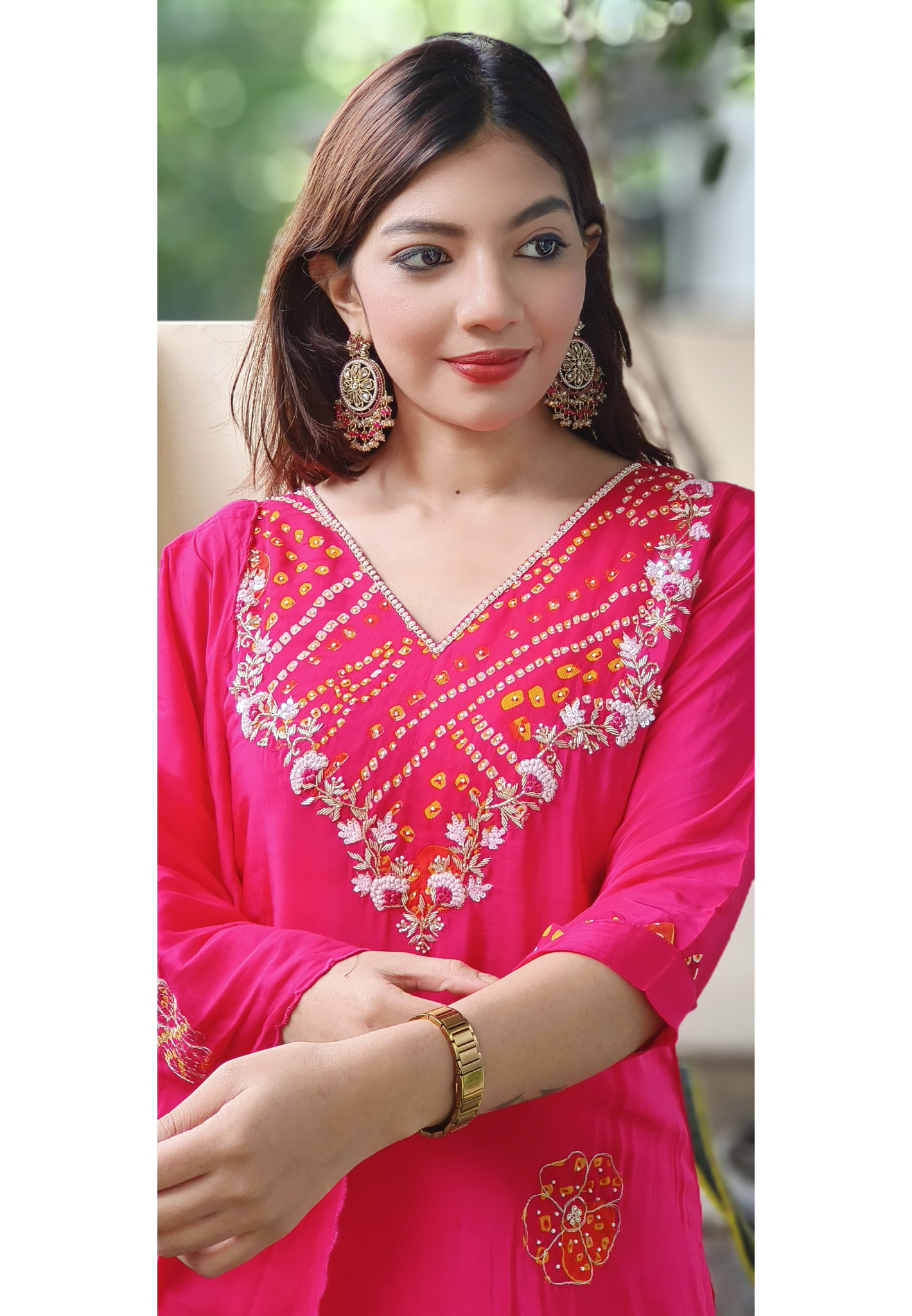 Pearl & Beads Bandhani Work V-Neck Kurta(Lining Inside) With Bottom & Dupatta In Crepe Fabric- 10043 (Red Colour Dispatching Will Be after 25 Days)