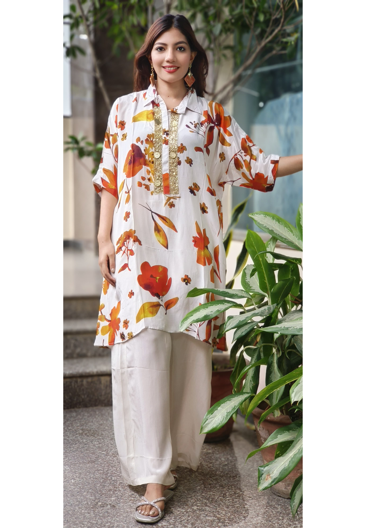 Collared Over Sized Kaftan With Coin Work & Bottom In Crepe Fabric- 10036