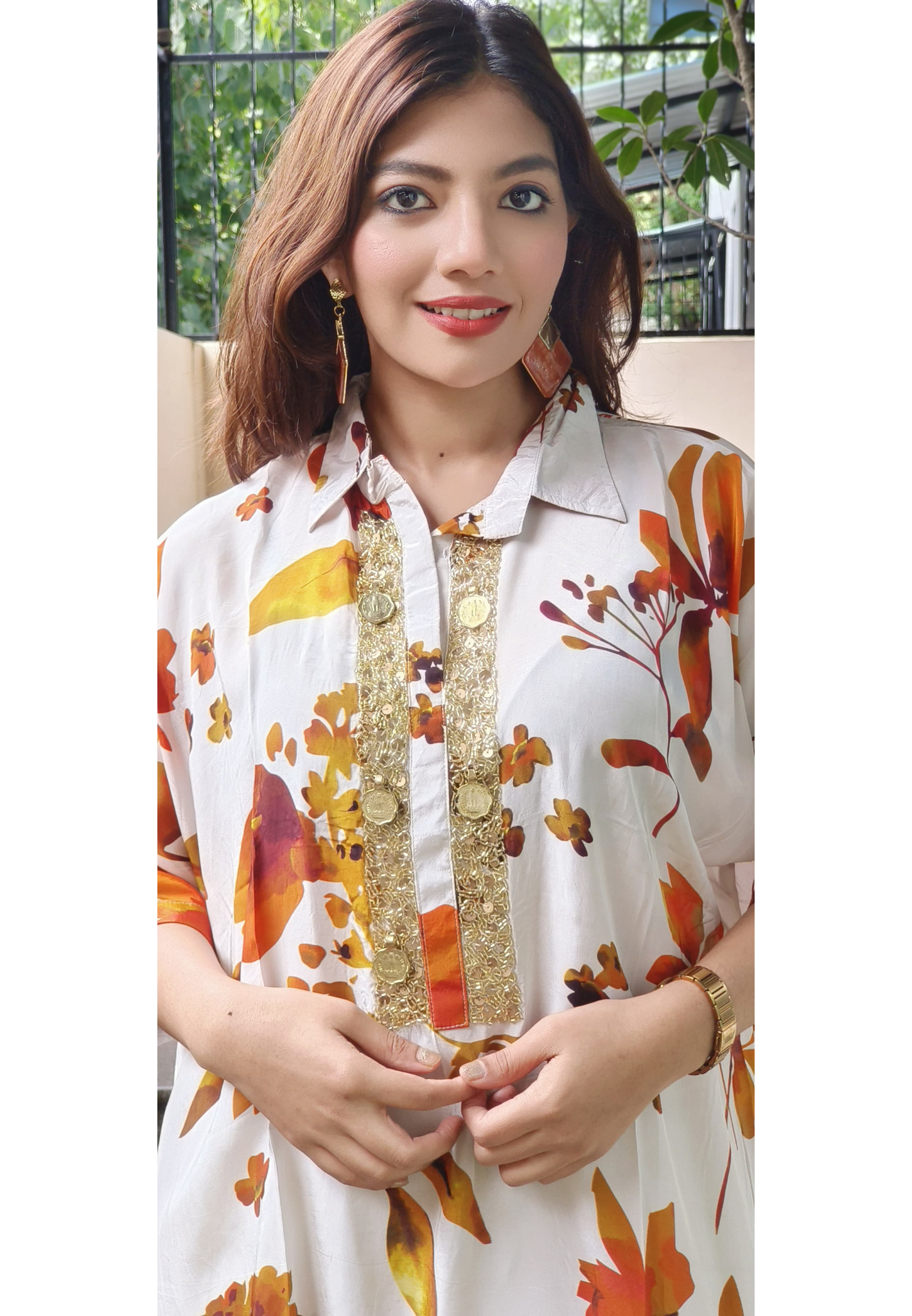 Collared Over Sized Kaftan With Coin Work & Bottom In Crepe Fabric- 10036