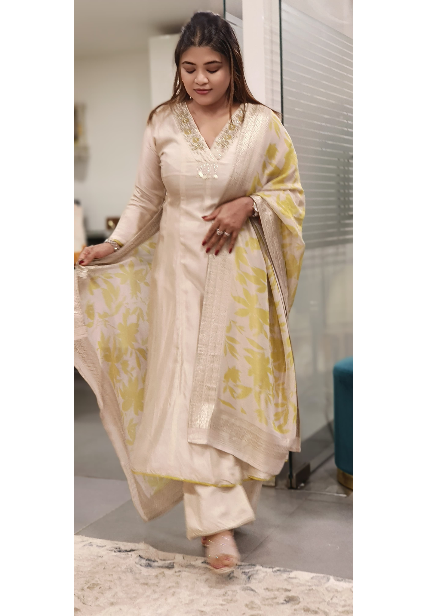 V-Neck Beautiful Work Panel Anarkali Full Suit In Silk Fabric & Shimmer Organza Dupatta- 09973