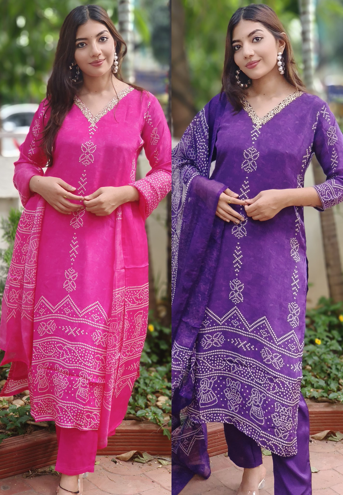 V-Neck Handwork Bandhani Print Full Suit Set With Dupatta In Crepe Fabric-10162,10377
