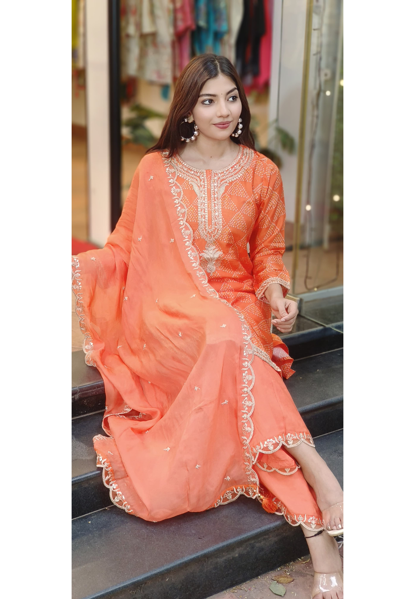 Zari Neck Work Bandhani Print Full Suit Set With Dupatta In Silk Fabric- 10163, 10164