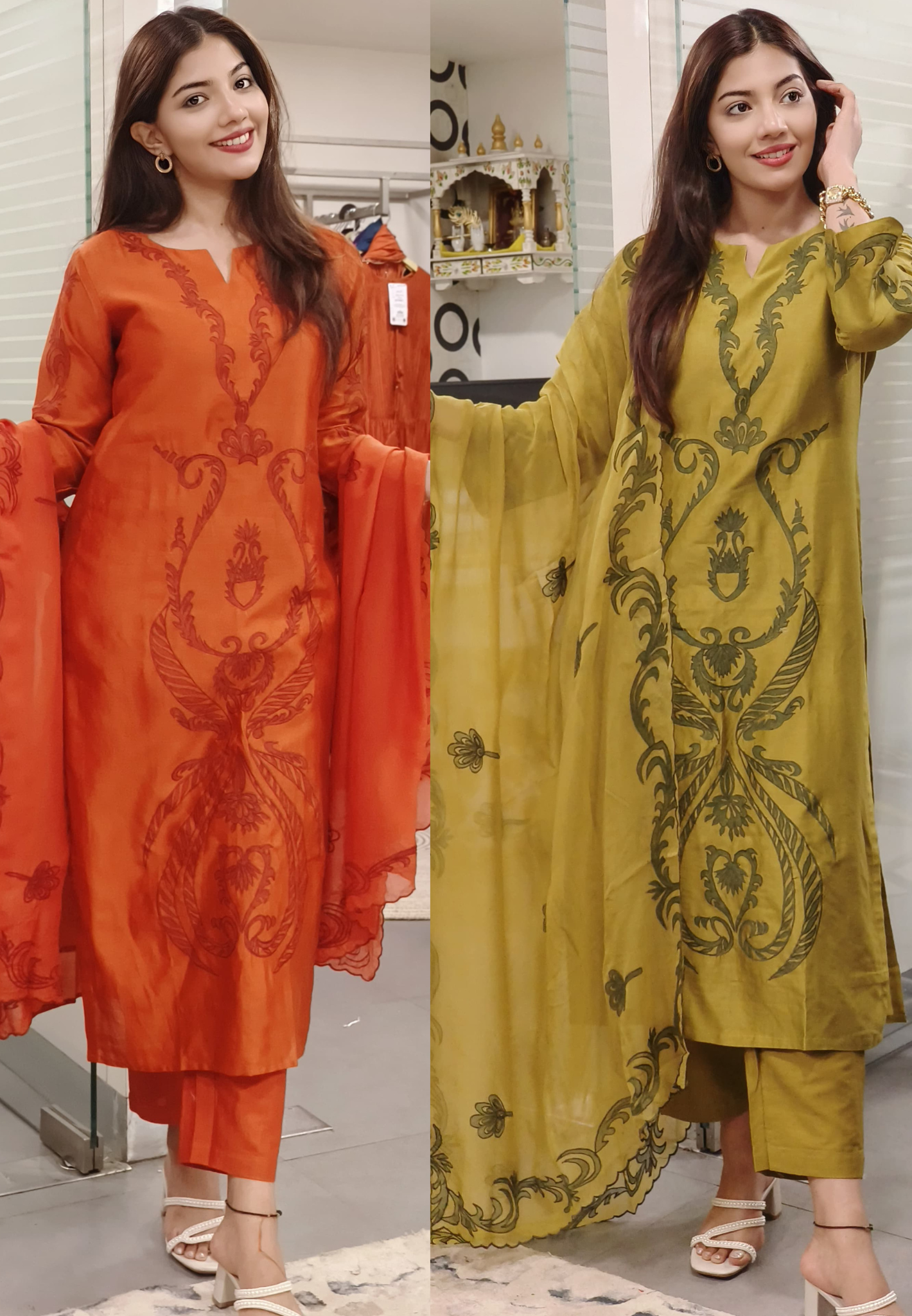 Chanderi Floral Cutwork Straight Full Suit With Dupatta- 09412, 09413