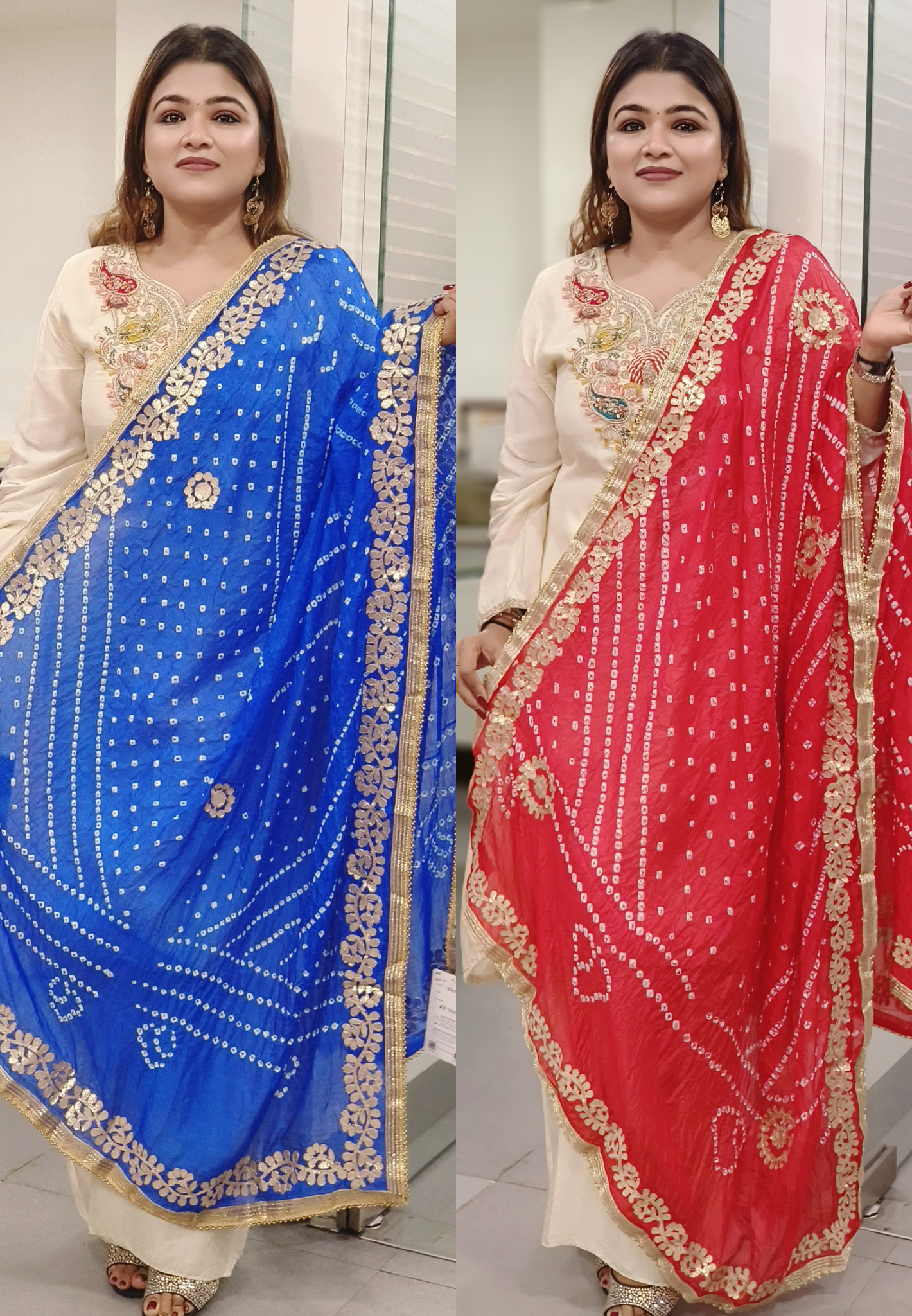 Muslin Silk Bandhani Printed Beautiful Gotta Work Border Dupatta Only Dispatching after 10 Days