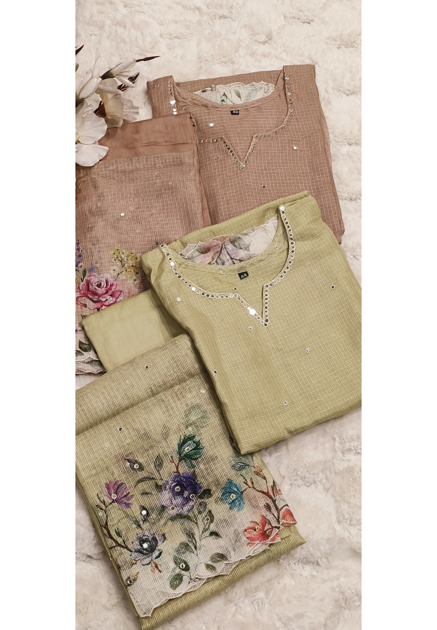 Kora Silk Checks Floral Cutwork Bordered Full Suit Set With Dupatta
