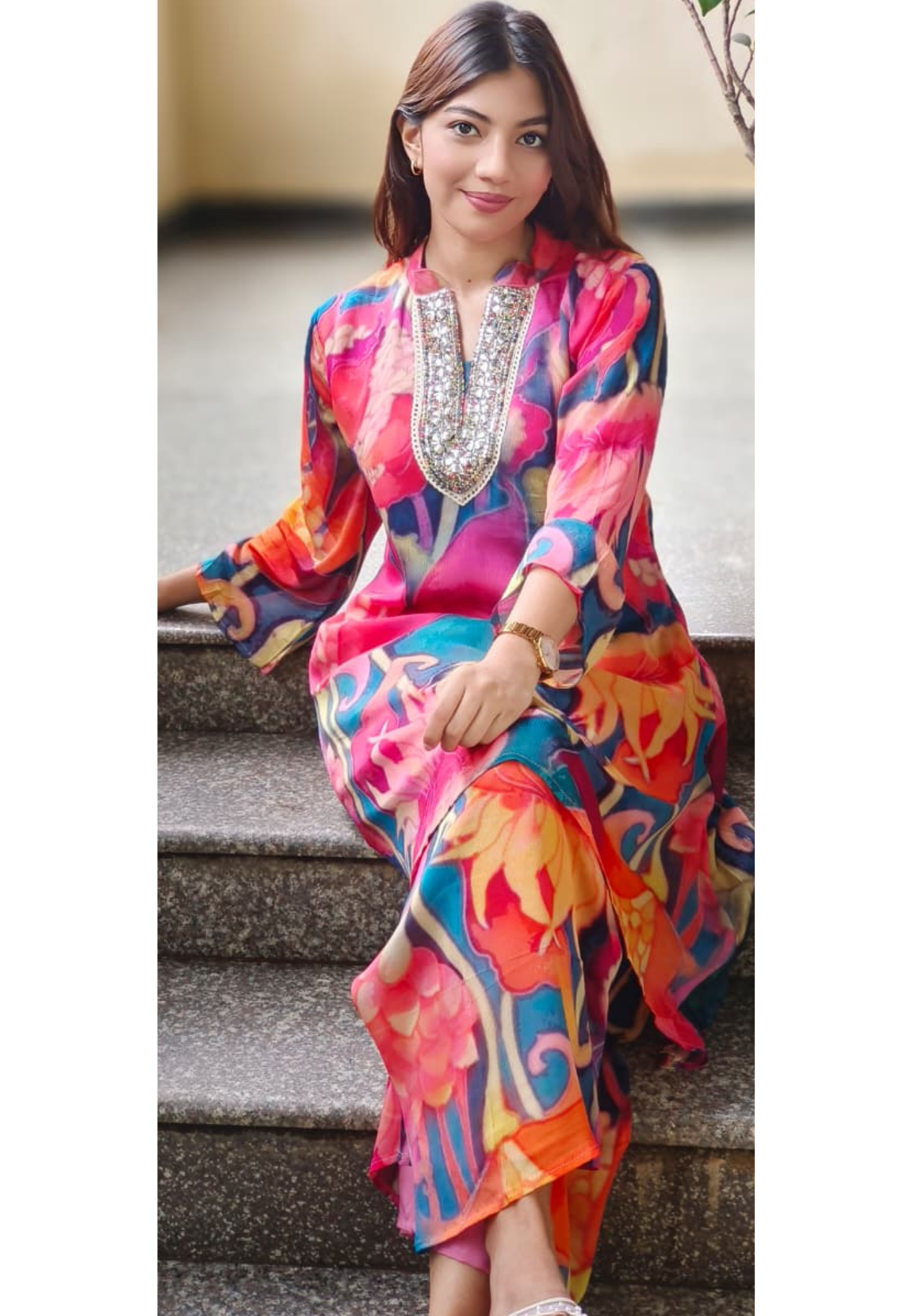 Multicolor Blast Neck Work Chinon Co-Ord Set-10710